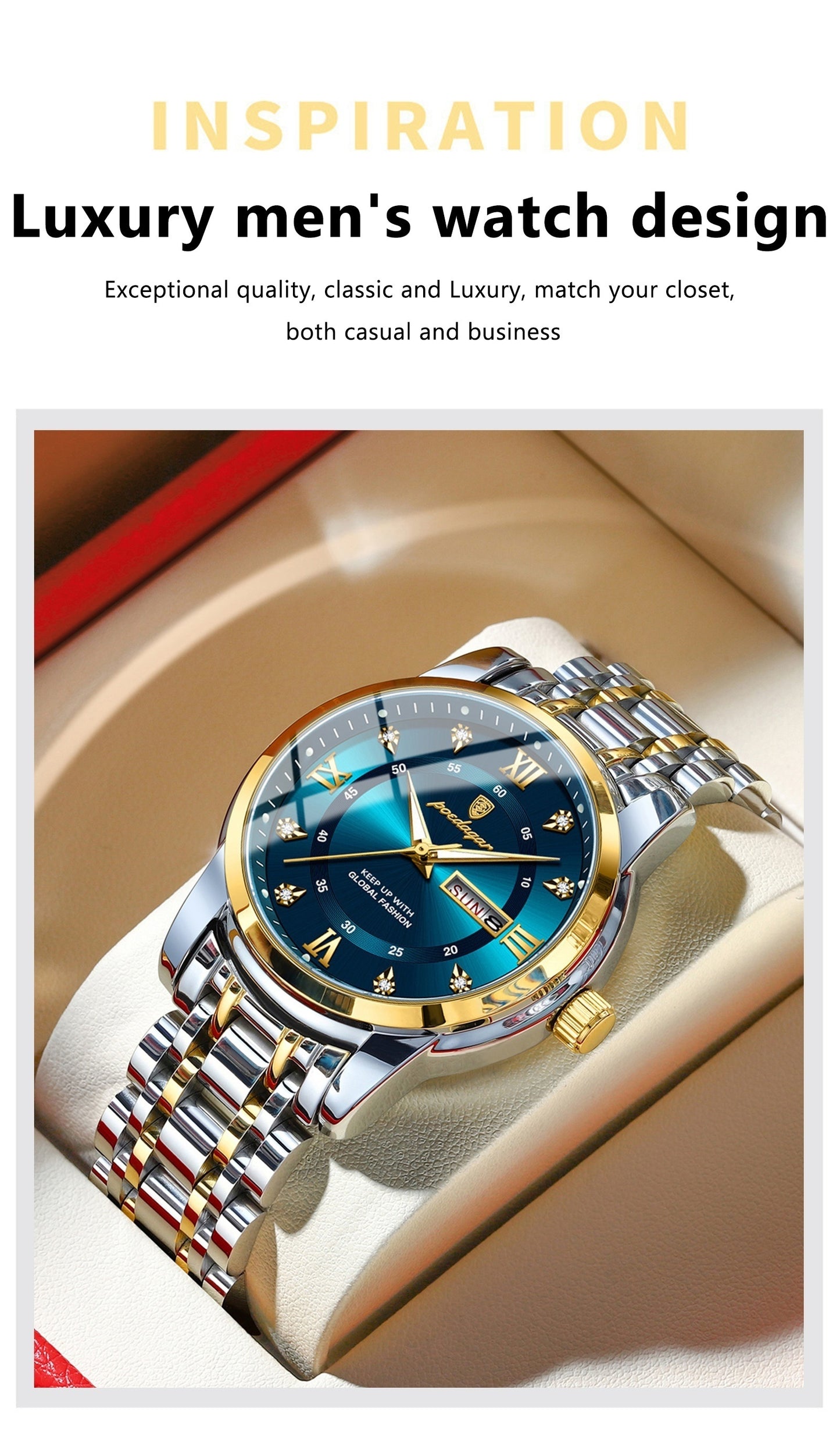 POEDAGAR Men&Women&Apos;S Calendar Week Luminous Stainless Steel Watch - Trendy Casual Quartz Wristwatch with Blue Dial, Roman Numerals, And Date Display, Ideal Gift for Sports Enthusiasts, Casual Wear Watch | Trendy Casual W