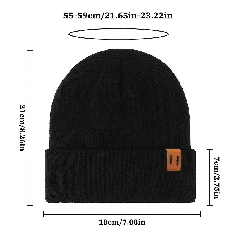 2pcs Fashion Faux Leather Label Knit Hat Set for Autumn and Winter, Outdoor Warm Ear Protection Knitted Cap Wholesale Lightweight Beanie