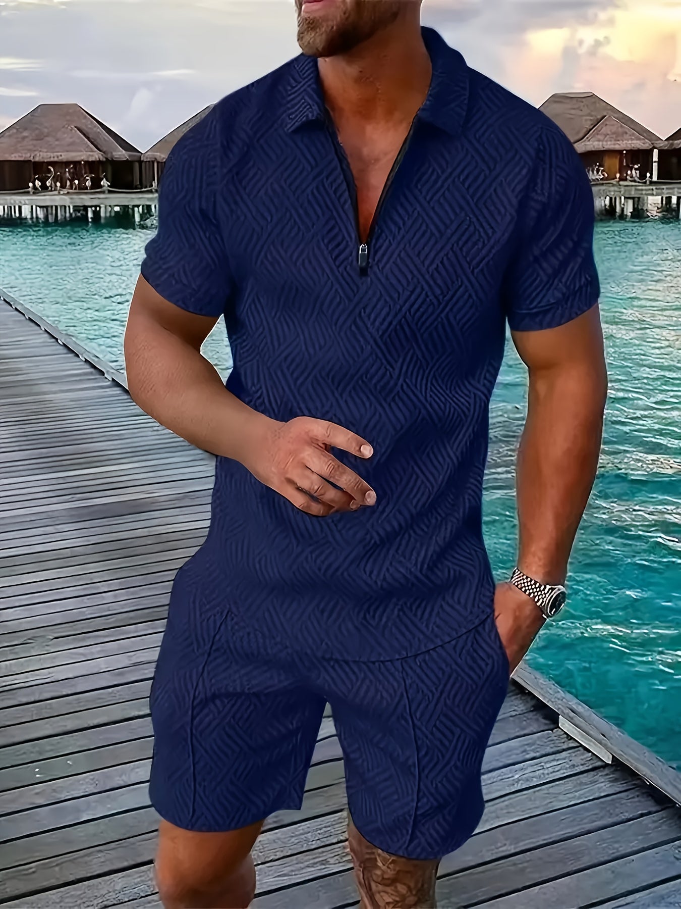 Men'S Tropical Print Casual Suit - Black Short Sleeve Zipper Shirt with White Pockets Shorts, Polyester, Machine Washable, Summer Beachwear, Summer Wear | Relaxed Fit Shirt | Woven Texture