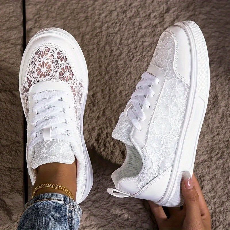 Women'S Elegant Lace Sneakers - Breathable Fabric Upper, White with Floral Pattern, Lightweight & Soft Sole, Durable EVA, Perfect for Daily Work, Sports, Summer Outings & Vacations, Casual Footwear | Elegant Sneaker | Comfort