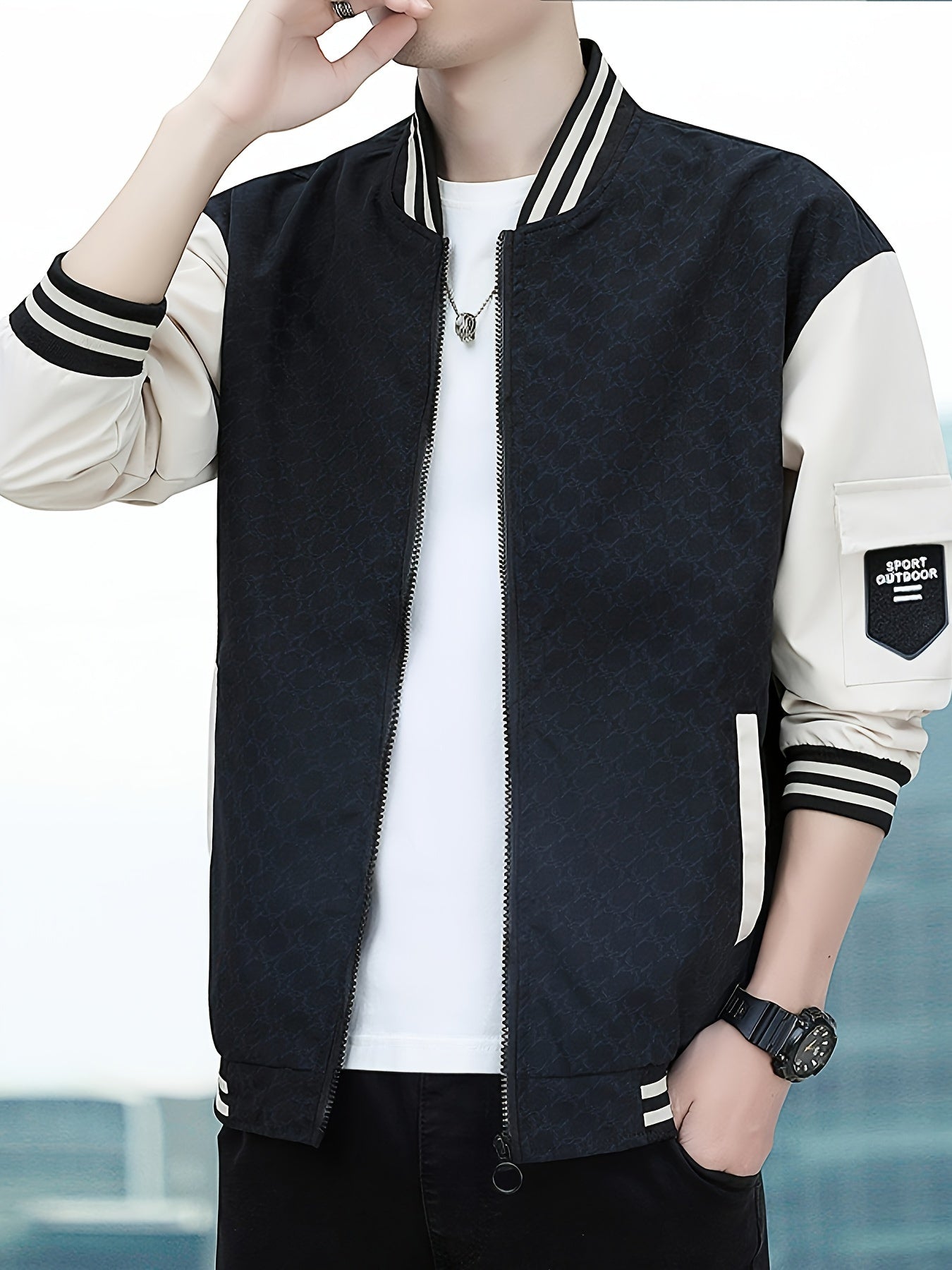 Men'S Lightweight Geometric Pattern Bomber Jacket - Casual Long Sleeve Zip-Up with Pockets, White & Gray, Polyester Lining, Perfect for Fall, Autumn Jacket