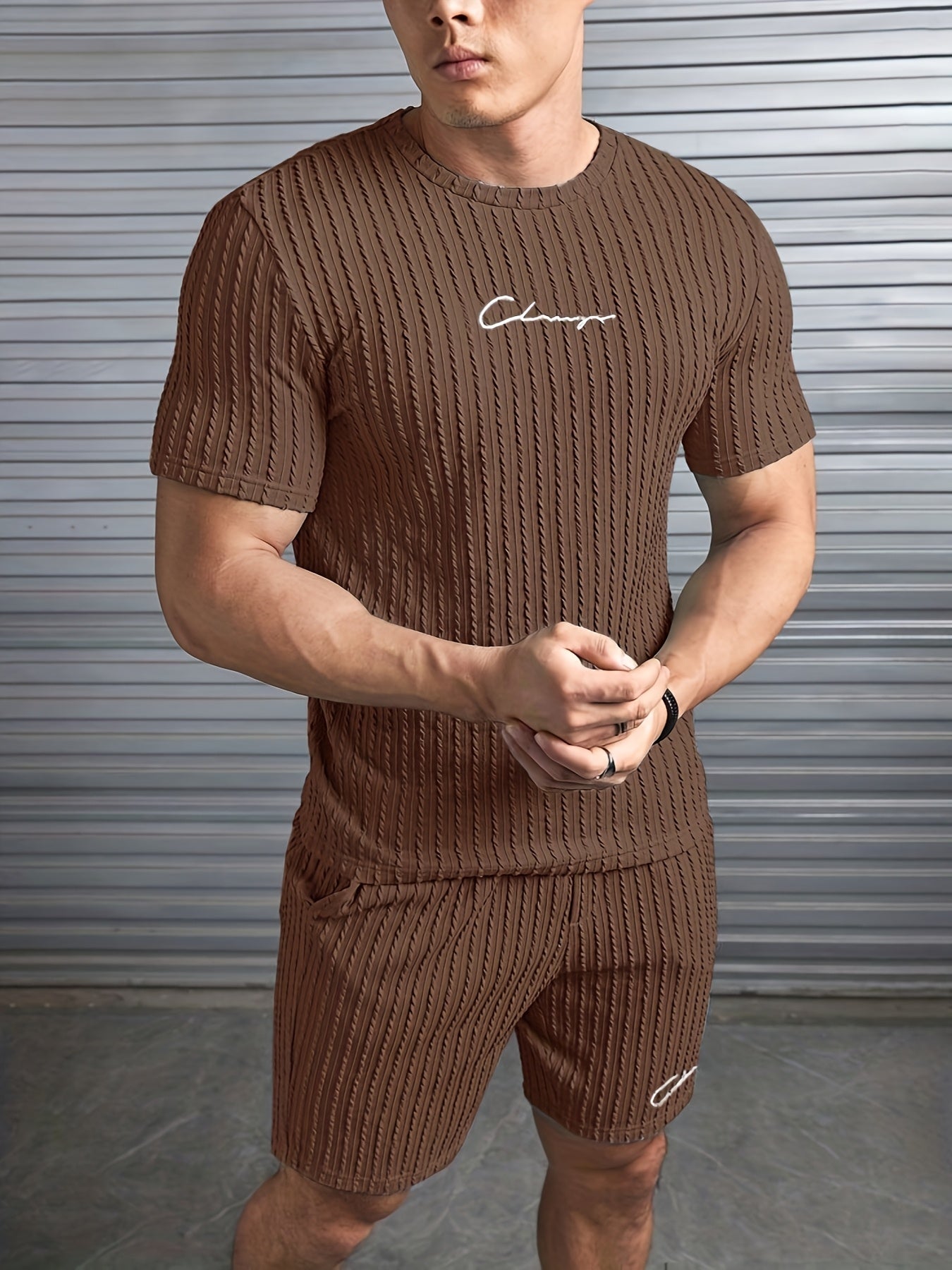 Men'S Casual Polyester Crew Neck Embroidered Alphabet Pattern Slight Stretch Knit Fabric Regular Fit Lash Sets for Spring