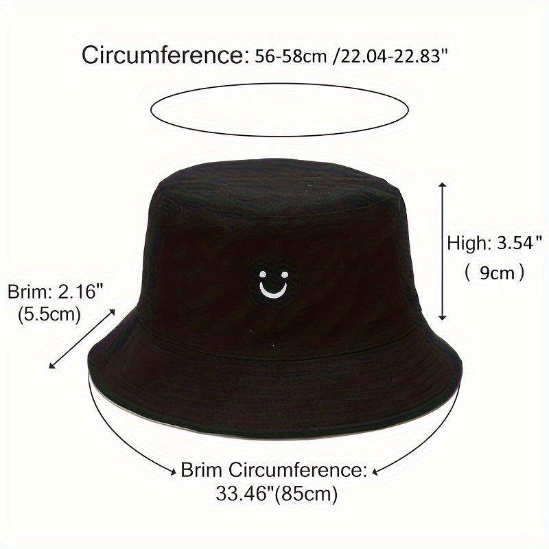 Unisex Black & White Fisherman Hat with joyful Face Embroidery - Double-Sided, Sporty Polyester Bucket Hat for Men and Women, Ideal for Outdoor Activities, Outdoor Hat | joyful Face Embroidery | Durable Headgear