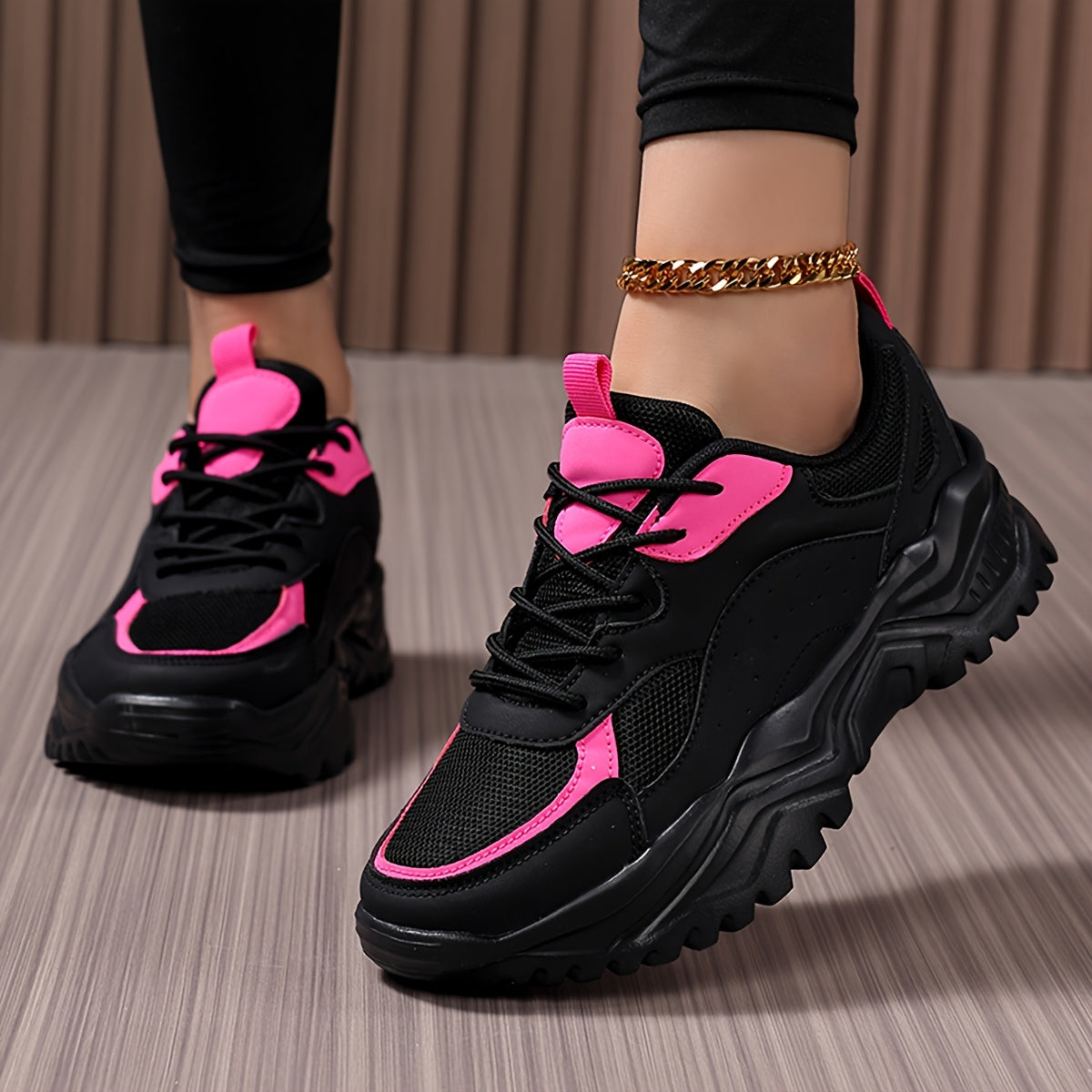 Women's Lightweight Chunky Sneakers - Versatile Korean Style Dad Shoes with Thick Sole, Breathable Mesh Upper, Casual Lace-Up Athletic Footwear in White, Green/White, and Black/Pink
