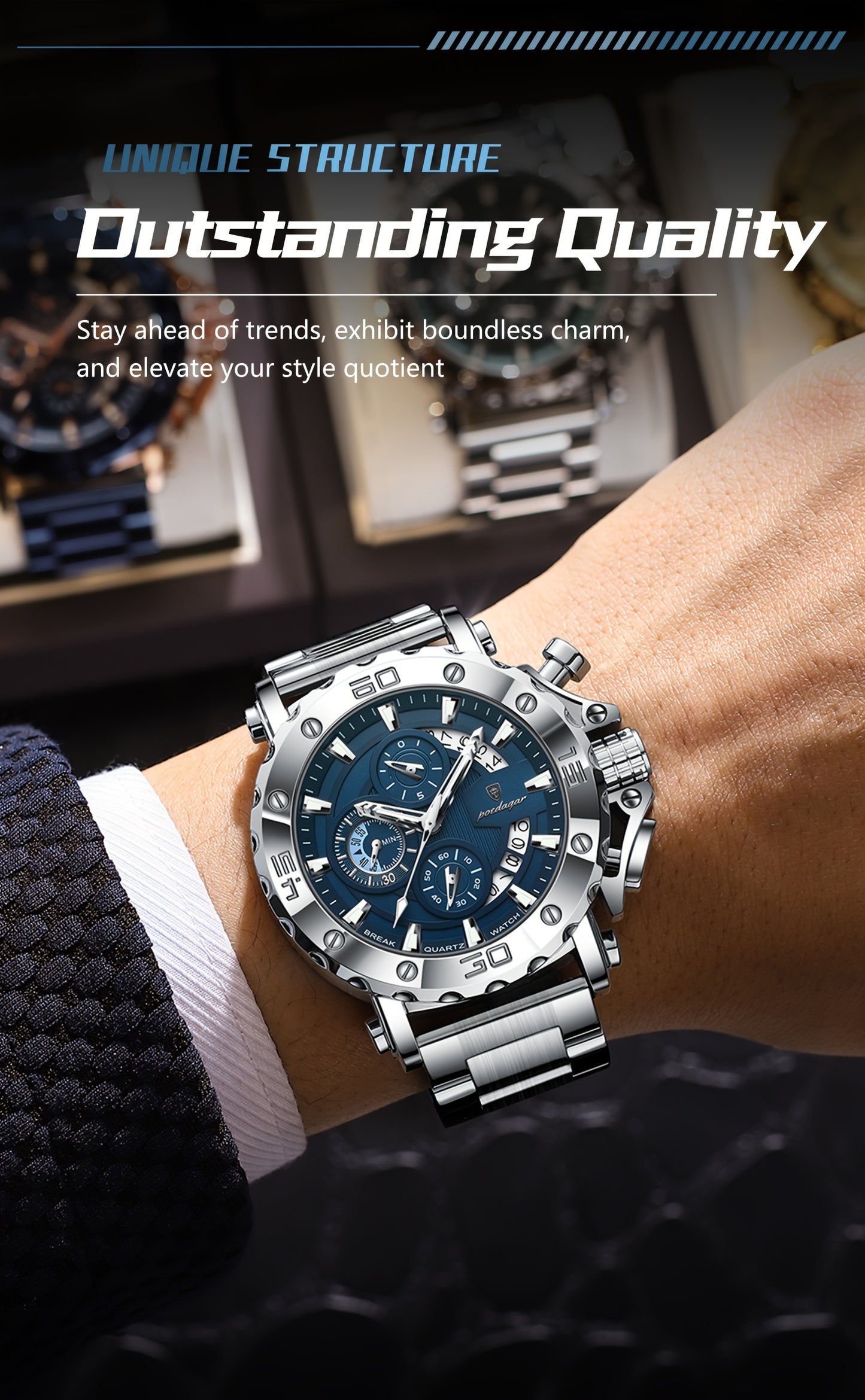 POEDAGAR Men'S Luxury Stainless Steel Business Watch with Date Display, 3ATM Blue Dial, Rotating Bezel, Alloy Case, Quartz Movement - Elegant Formal Accessory, Formal Accessory|Luxurious Watch|Quartz Movement Watch