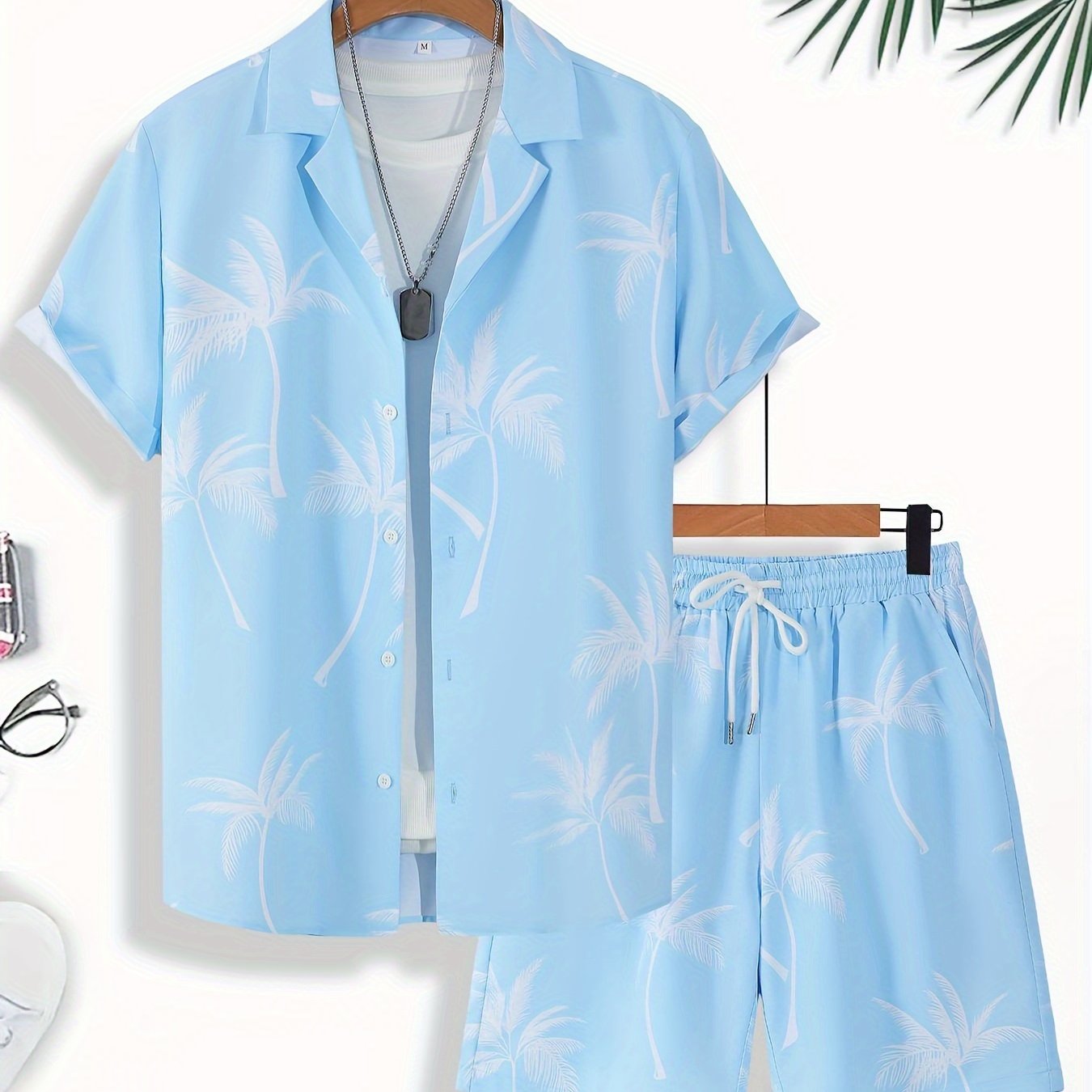 Men'S Summer Tropical Palm Tree Print Pajama Set, Polyester 100% Short Sleeve Shirt & Drawstring Waist Shorts, Vacation Style Lapel Collar, Non-Stretch Woven Fabric, Regular Fit - 120gsm