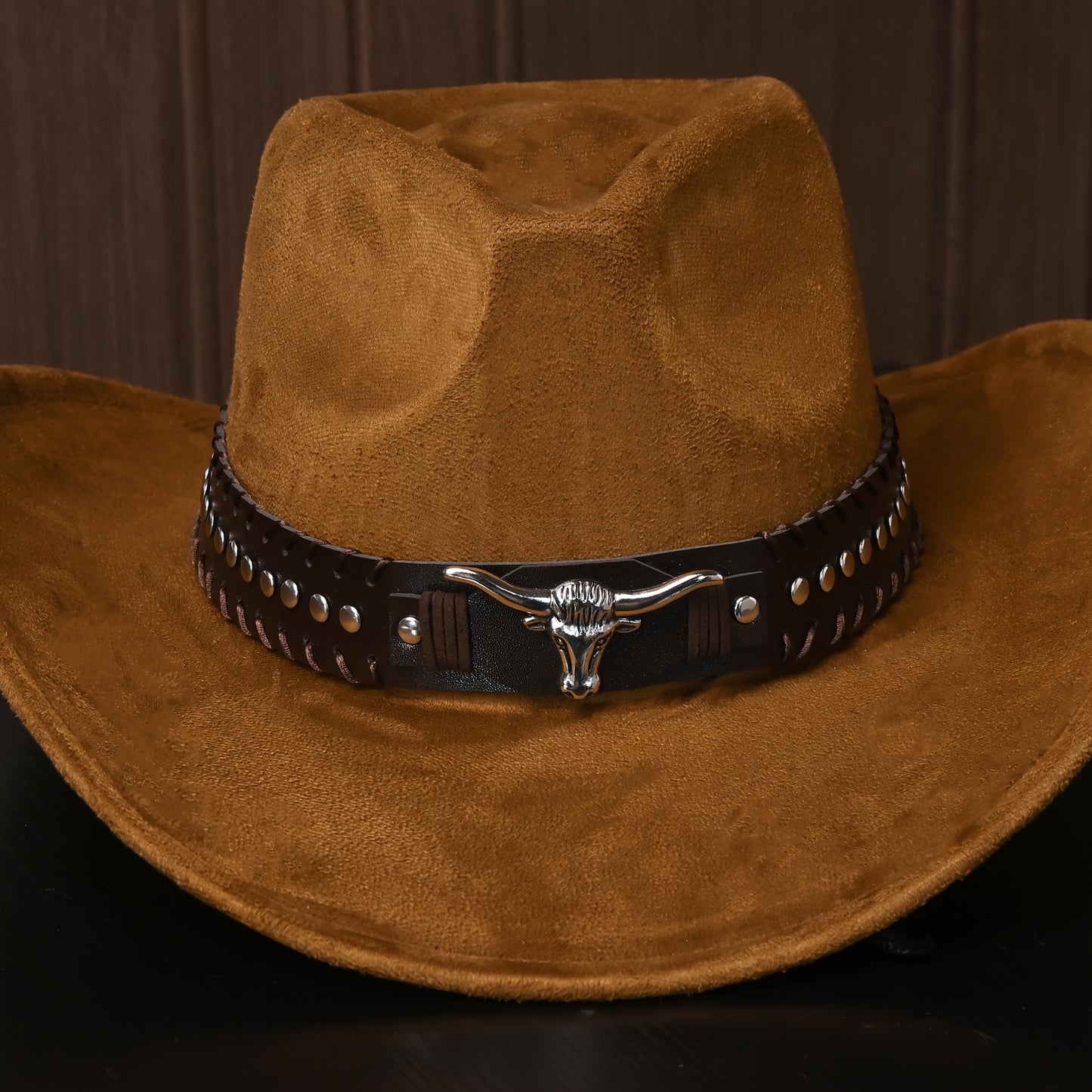 Western Cowboy Hats for Men And Women, Classic Faux Suede with Metal Studs And Bull Pattern, Lightweight Unisex Festival Occasion Hat, Woven Inelastic Polyester with Decorative Accessories, No Feather, Non-Washable
