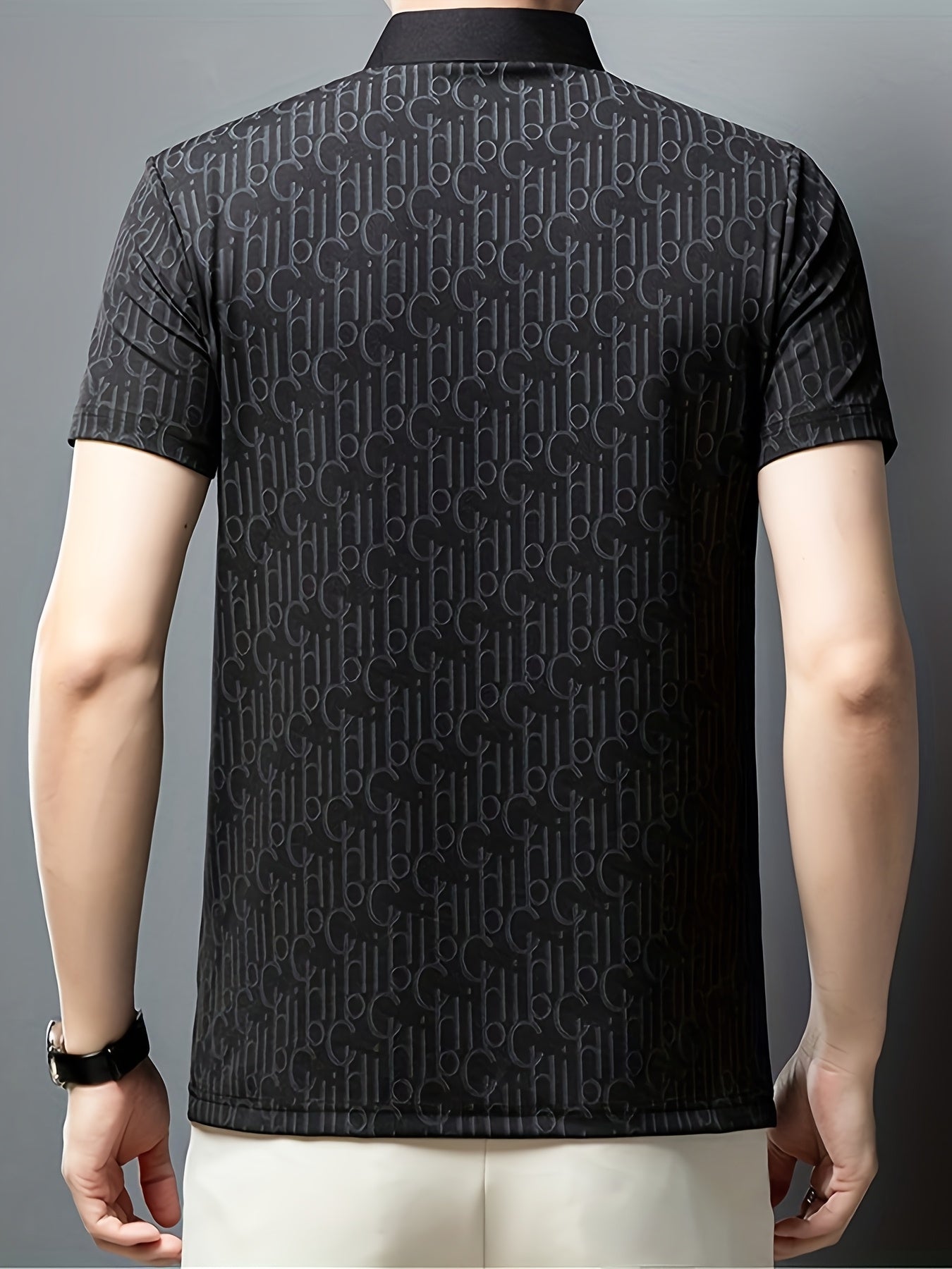 Men'S Casual Summer Short Sleeve T-Shirt with "Gil" Letter Print, Light Gray, Button-Up Collar, Medium Stretch Fabric, Regular Fit, Perfect for Weekend Outings, Relaxed Outing Shirt | Letter Print Tee | Medium Stretch Fabric