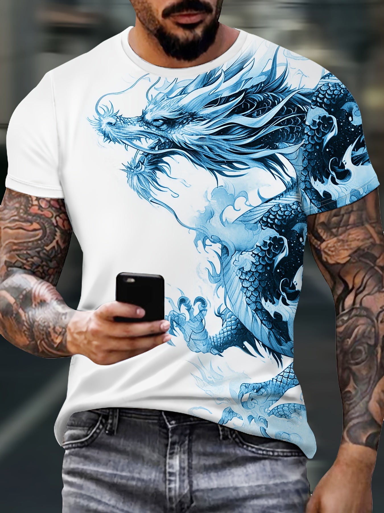 Men's Bold Dragon Graphic Tee - Short Sleeve, Crew Neck, Polyester Blend - Perfect for Summer Outings & Casual Wear