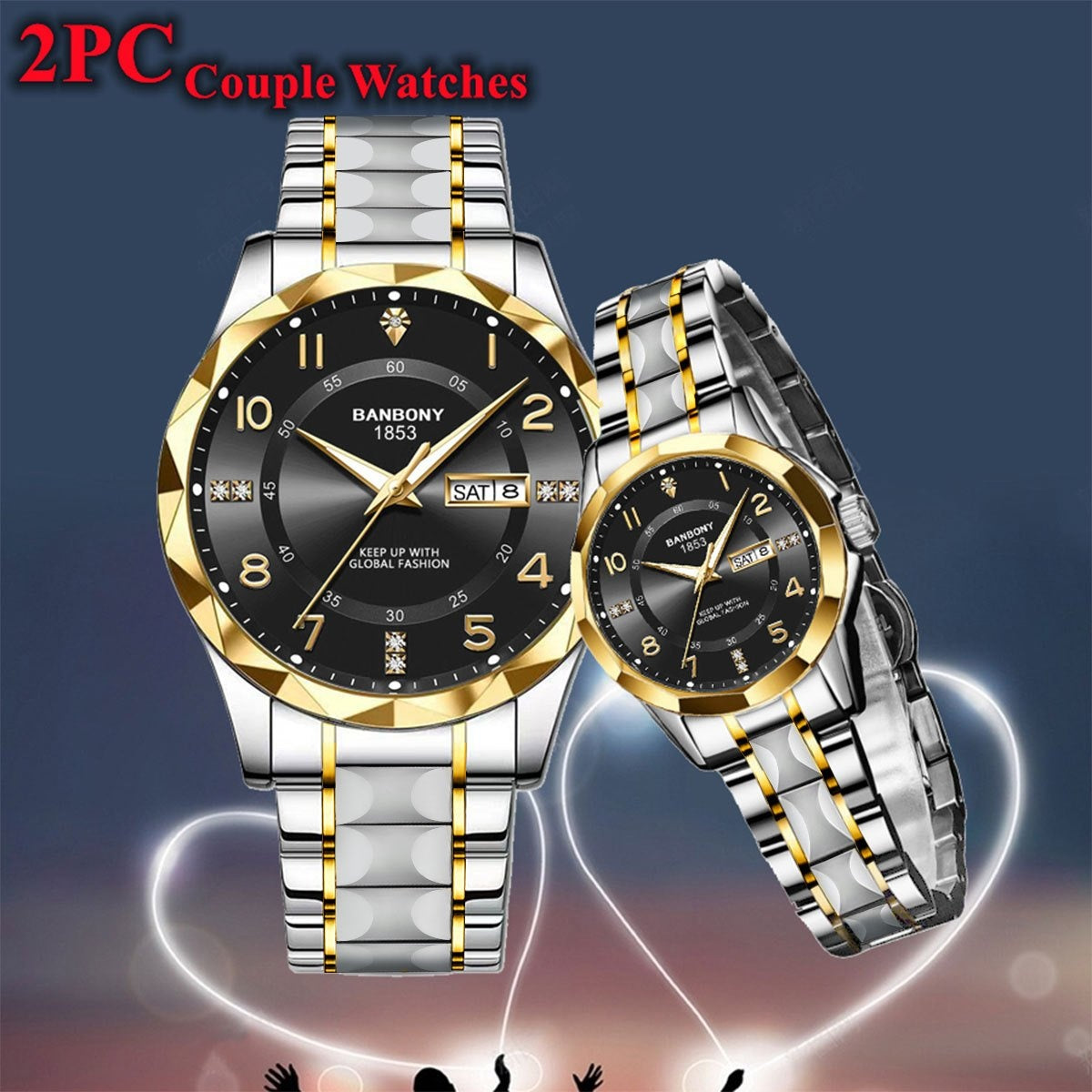 2pcs BNDBONY Brand Men And Women Couples Quartz Watch Stainless Steel Strap Scratch-Resistant Wear Luminous Pointer Digital Simple Hd Disc IPX7 Waterproof Fashion Multifunctional Couples Watch Holiday Couples Lover Birthday G