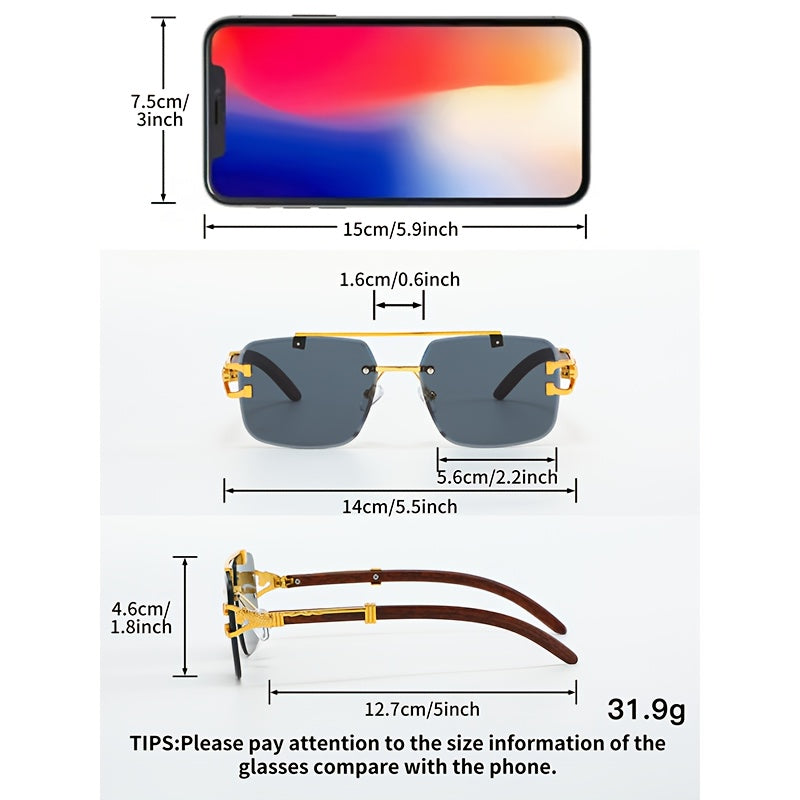 A Pair of Frameless, Beveled-Edge, Square Double-Beam Glasses, New Trendy Leopard-Print Fashion, Faux Wood Grain, Versatile for Men And Women, for Taking Photos.