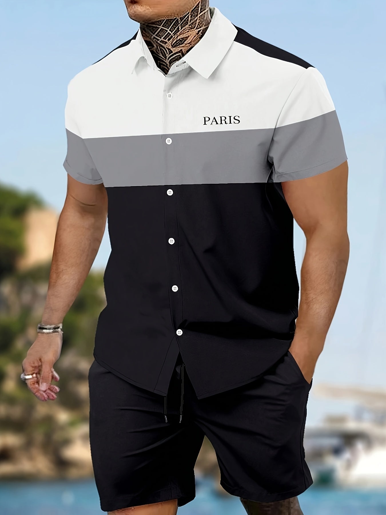 Men'S Letter Color Block Short Sleeve Shirt Shorts Casual Suit 2pcs Set