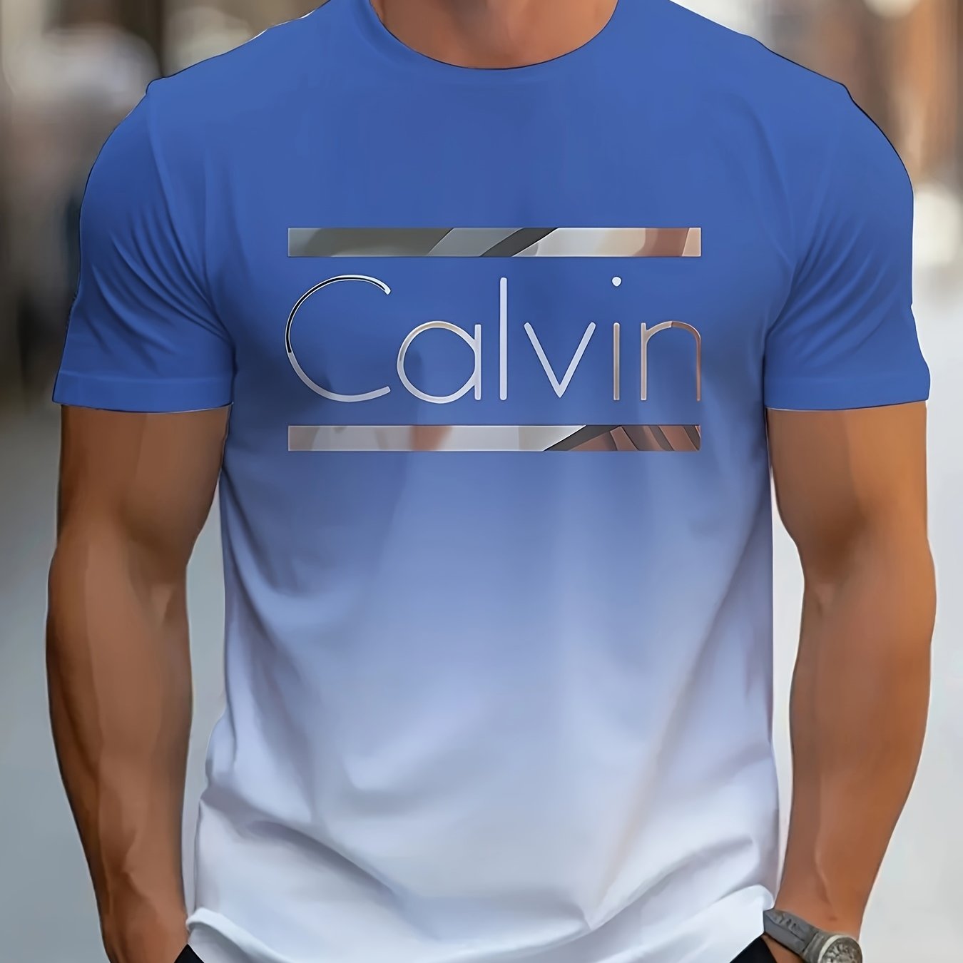 Men'S "Calvin" Graphic T-Shirt - Casual 3D Print Letter Tee with Geometric Design, Short Sleeve, Round Neck, Light Blue, Perfect for Summer, Everyday & Sportswear, Casual Wear Tee | Modern Casualwear | Comfortable Fit