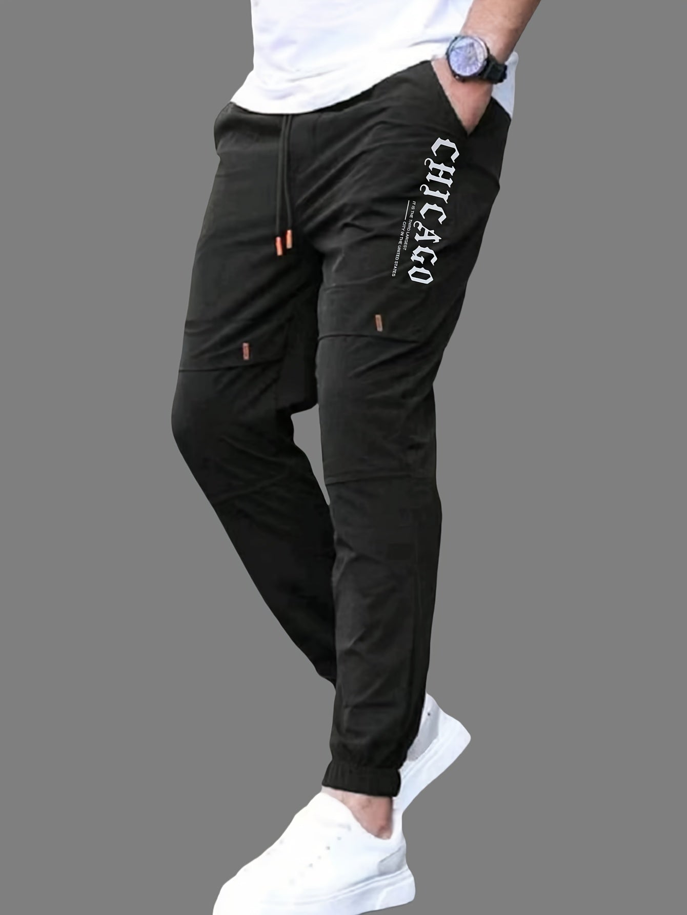 Men'S Casual Drawstring Joggers, 100% Polyester Non-Stretch Woven Fabric, All-Season Regular Fit Trousers with Alphabet Print Detail, Fashionable Workwear Style