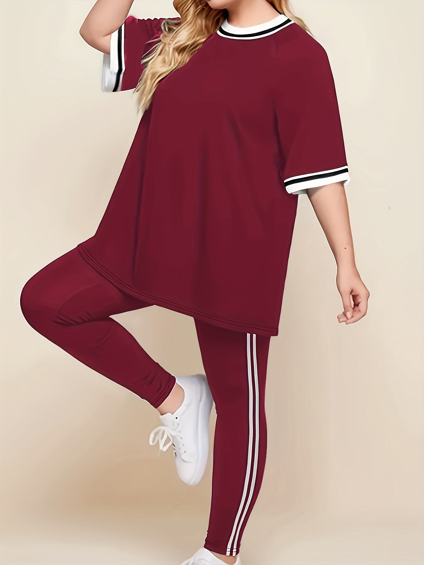 Women'S Plus Size Casual Lounge Set - Gray & White Striped Oversized T-Shirt with Matching Joggers, Comfortable All-Season Home Outfit, Joggers for Women