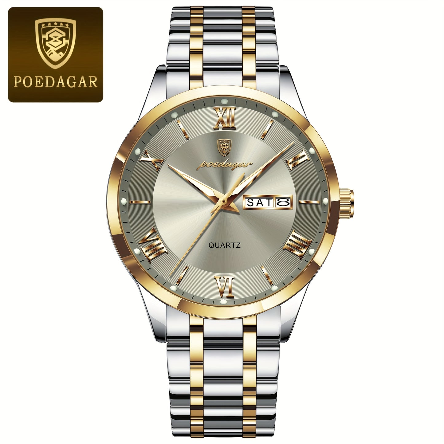 POEDAGAR Men'S Quartz Watch, Sports Style, Waterproof 3ATM, Luminous Calendar, Stainless Steel Strap, Pointer Display, Alloy Case, Electronic Drive, Non-Rechargeable Button Battery, with Spring Festival and Football Holiday T