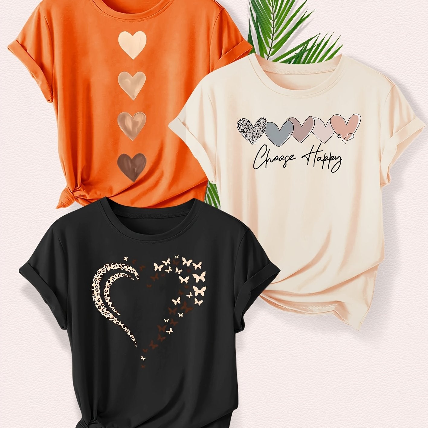 Leopard Print Small Butterfly Love Hearts in Pairs with English Letter Pattern Printed Fashion Retro Style Women's Spring, Autumn and Winter Casual Sports Top Round Neck Short Sleeve T-shirt 3pcs Combination Pack Family Pack
