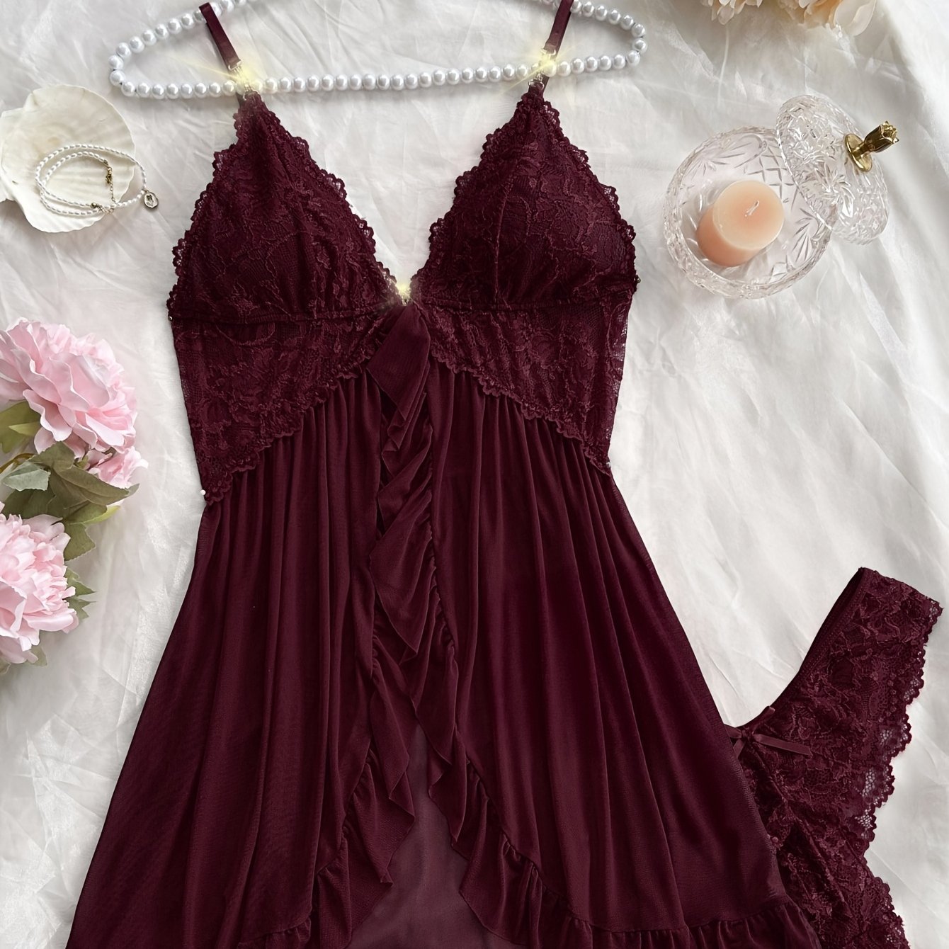 Sexy and Romantic Sleepwear Set, Solid Color Lace Camisole with Matching Panties, V-Neck Design Accentuating Elegant Neckline, Delicate Lace Pattern for Softness. Flared Hem and Ruffled Front Add Graceful Charm, Perfect for a