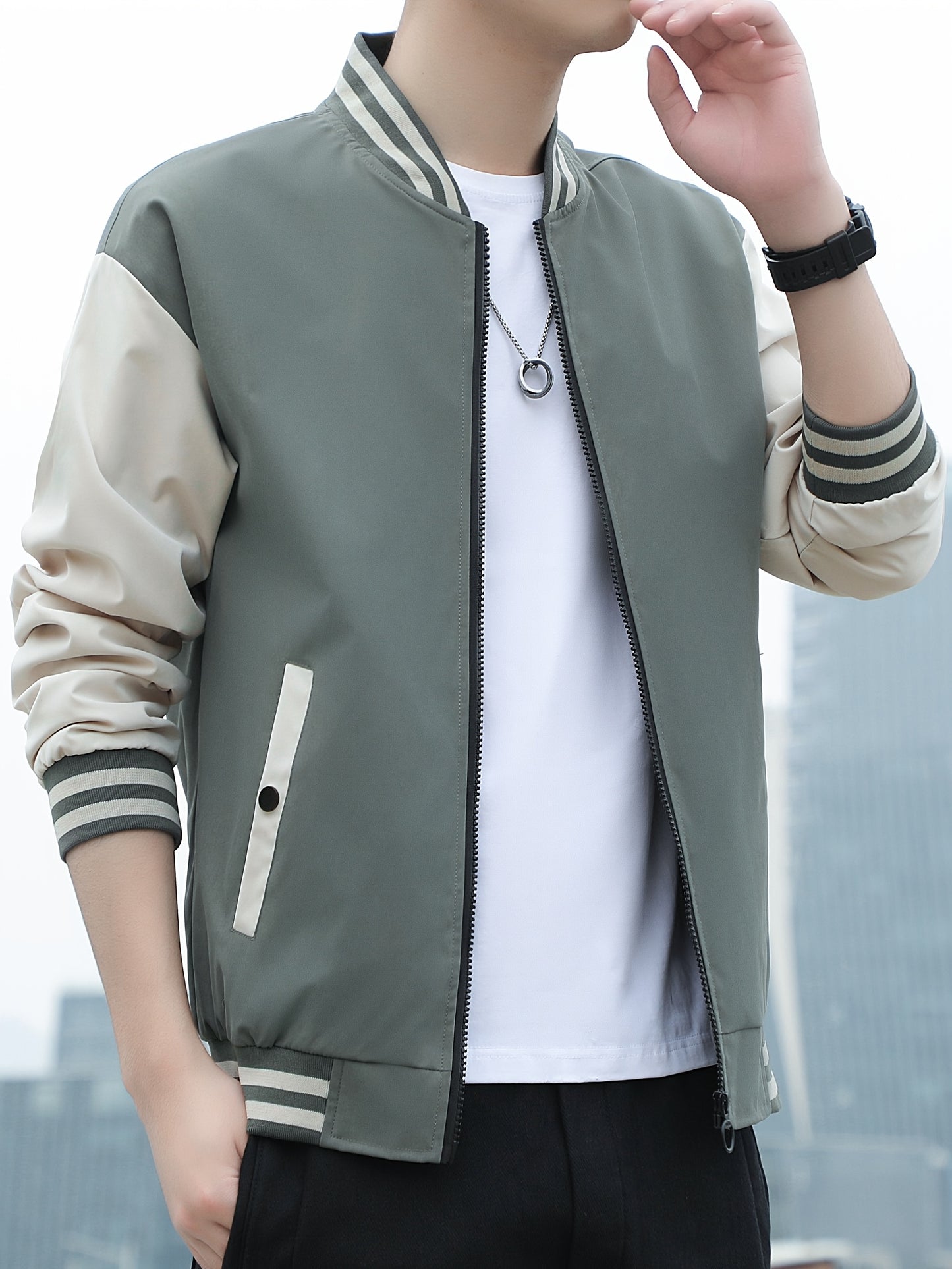 Men'S Lightweight Geometric Pattern Bomber Jacket - Casual Long Sleeve Zip-Up with Pockets, White & Gray, Polyester Lining, Perfect for Fall, Autumn Jacket
