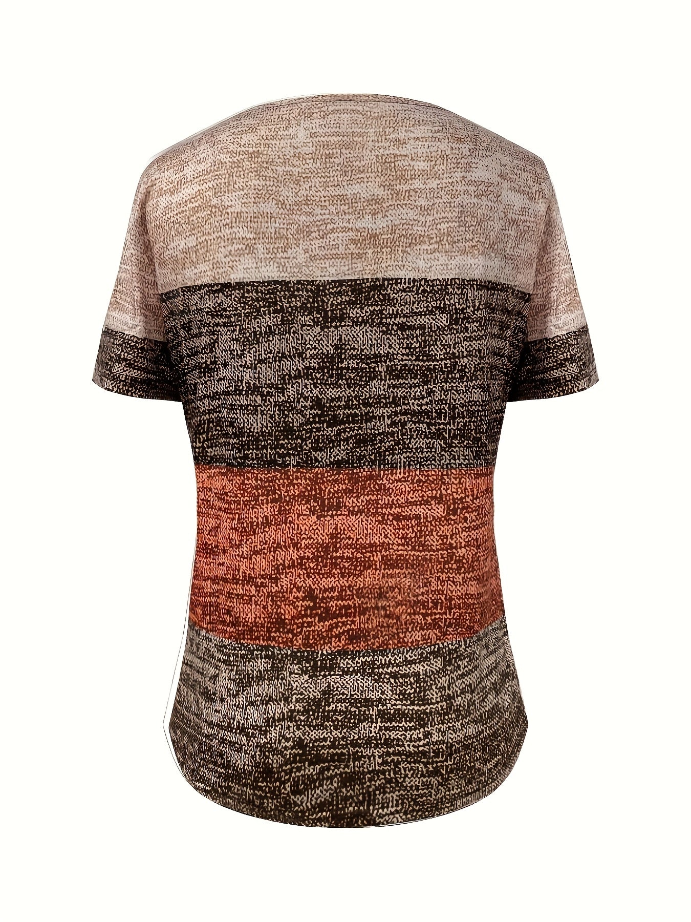 Chic Women's Coffee-Inspired Color Block Zip-Up V-Neck Tee - Elegant Short Sleeve with Geometric Pattern, Stretchy Polyester Blend, Machine Washable - Perfect for All Seasons
