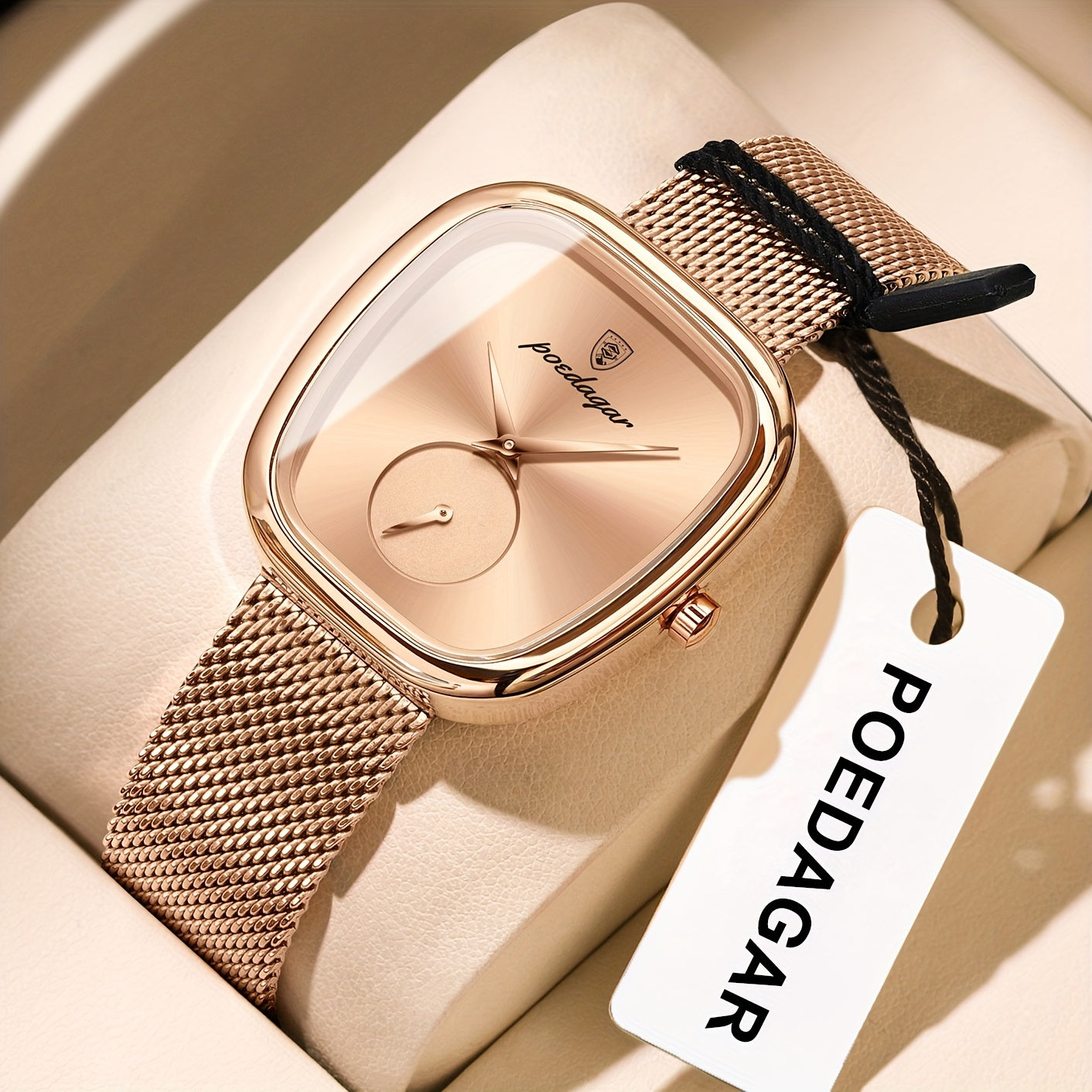 POEDAGAR Elegant Women's Quartz Watch - Waterproof, Stainless Steel Mesh Band, Rose Golden Square Dial, Black Strap, Perfect for Parties & Casual Attire, Stylish Timepiece | Elegant Design | Mesh Strap Watch, Watch Accessorie