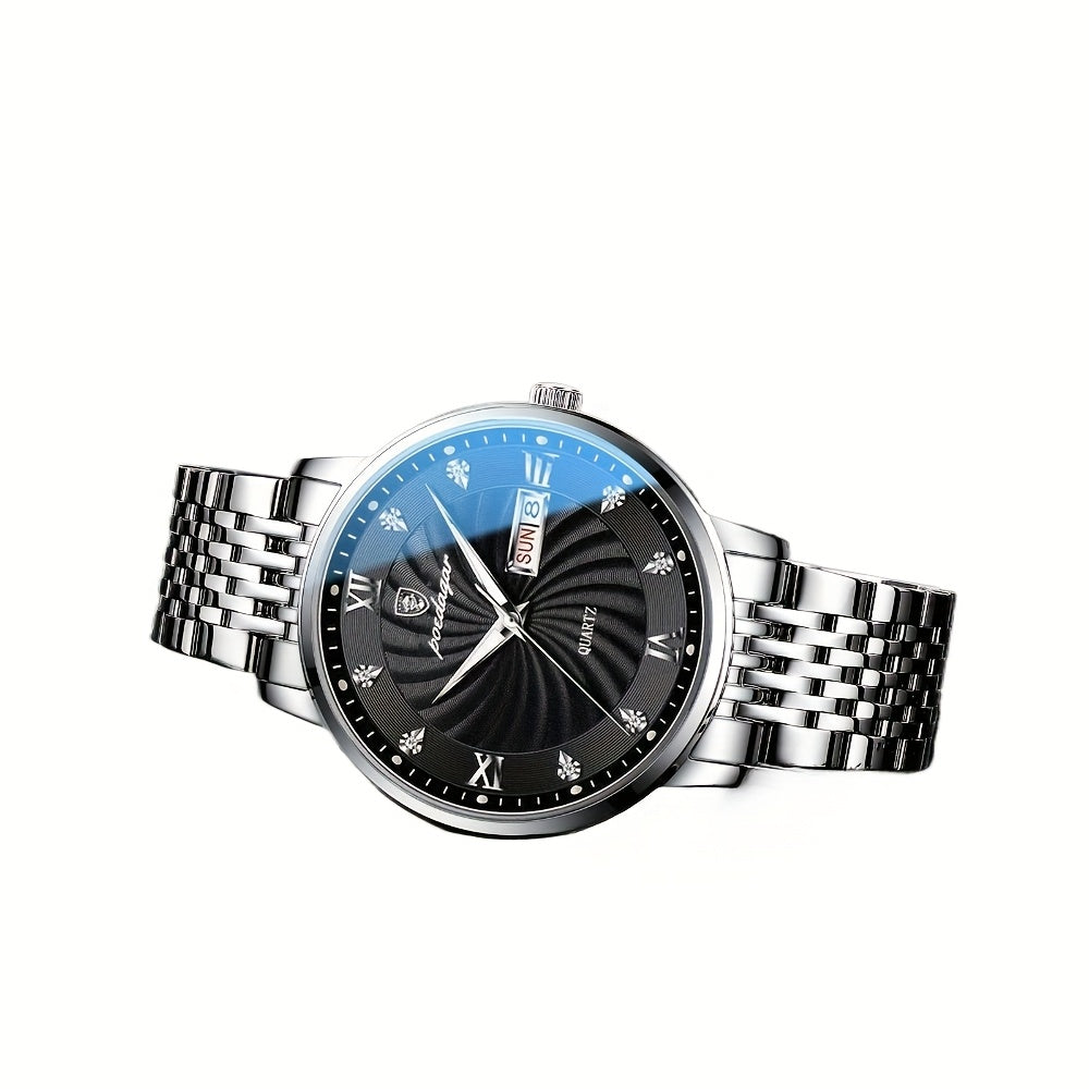 POEDAGAR Men's Luxury Retro Calendar Watch with Blue Dial, Date & Day Display, Quartz Movement, Stainless Steel Band - Perfect Gift for Students & Professionals, Student Wristwatch | Retro Wristwatch | Decorative Dial