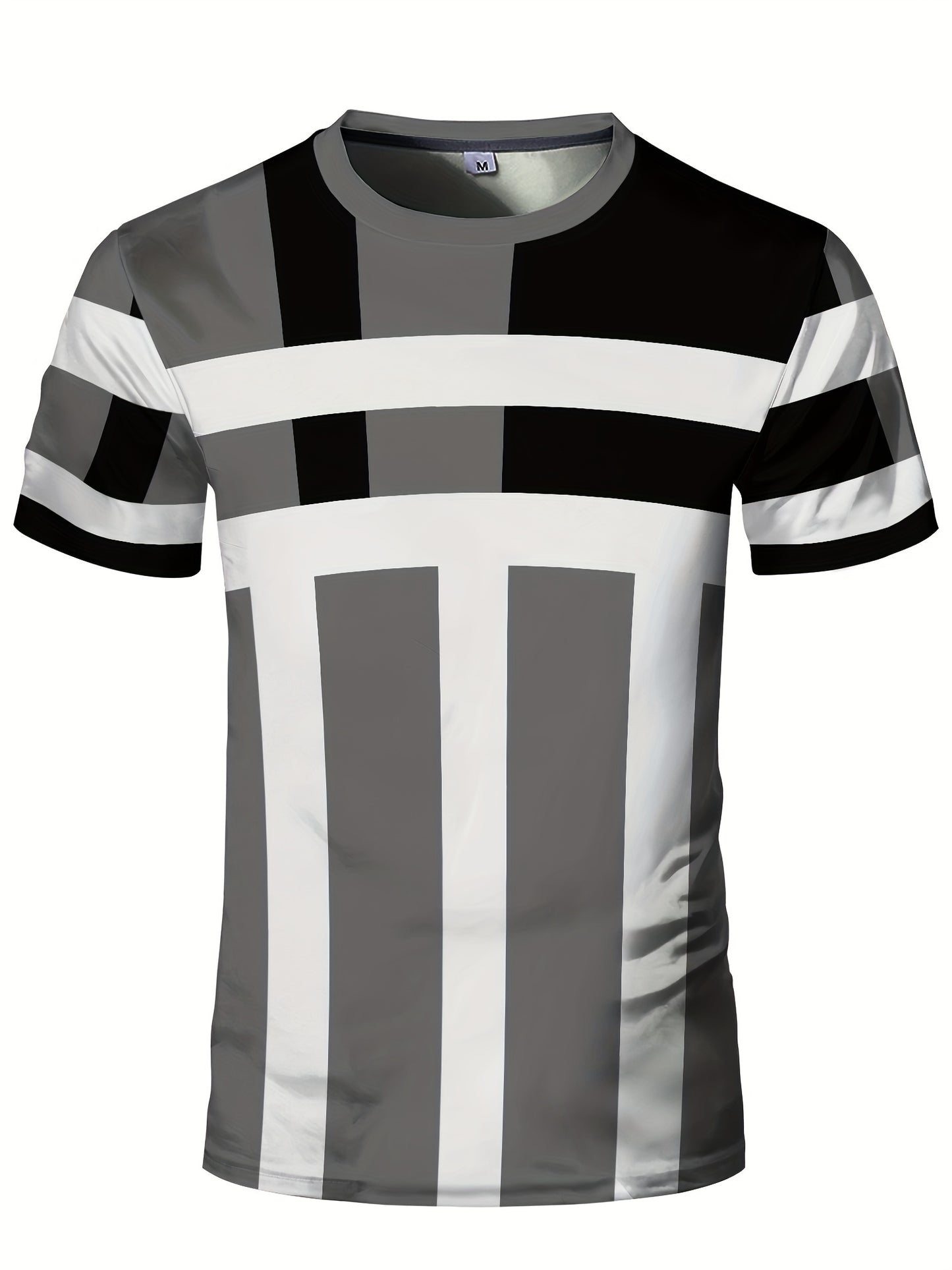 Striped Patchwork Design Pattern Print, Men'S Sports Fashion, Geometric Print High Elasticity Tight Fit Short Sleeved Round Neck T-Shirt, Summer Fitness, Training And Fitness Wear Quick Drying Sports Top with Coolness