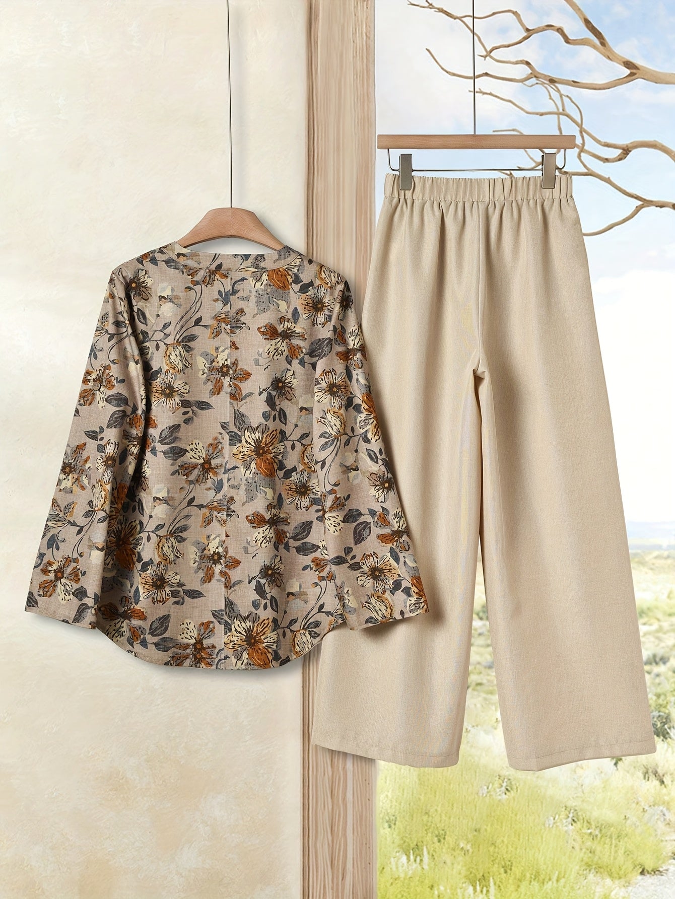 Elegant Floral Print Blouse & High-Waisted Pants Set - Chic Green & White Floral Top with Ruffled Sleeves, Button-Front Design, and Wide-Leg Pants for Spring/Summer, Spring Summer Outfit | Floral Print Blouse | Buttonfront Bl