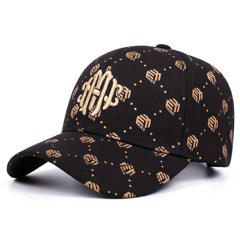 Men's Athletic Baseball Cap - Breathable Polyester, Adjustable Fit, "ATH" Logo, Beige & White with Golden Pumpkin Pattern, Dark Brown & Golden, Perfect for Outdoor Sports and Golf, Casual Wear Hat | Sporty Baseball Cap | Adju