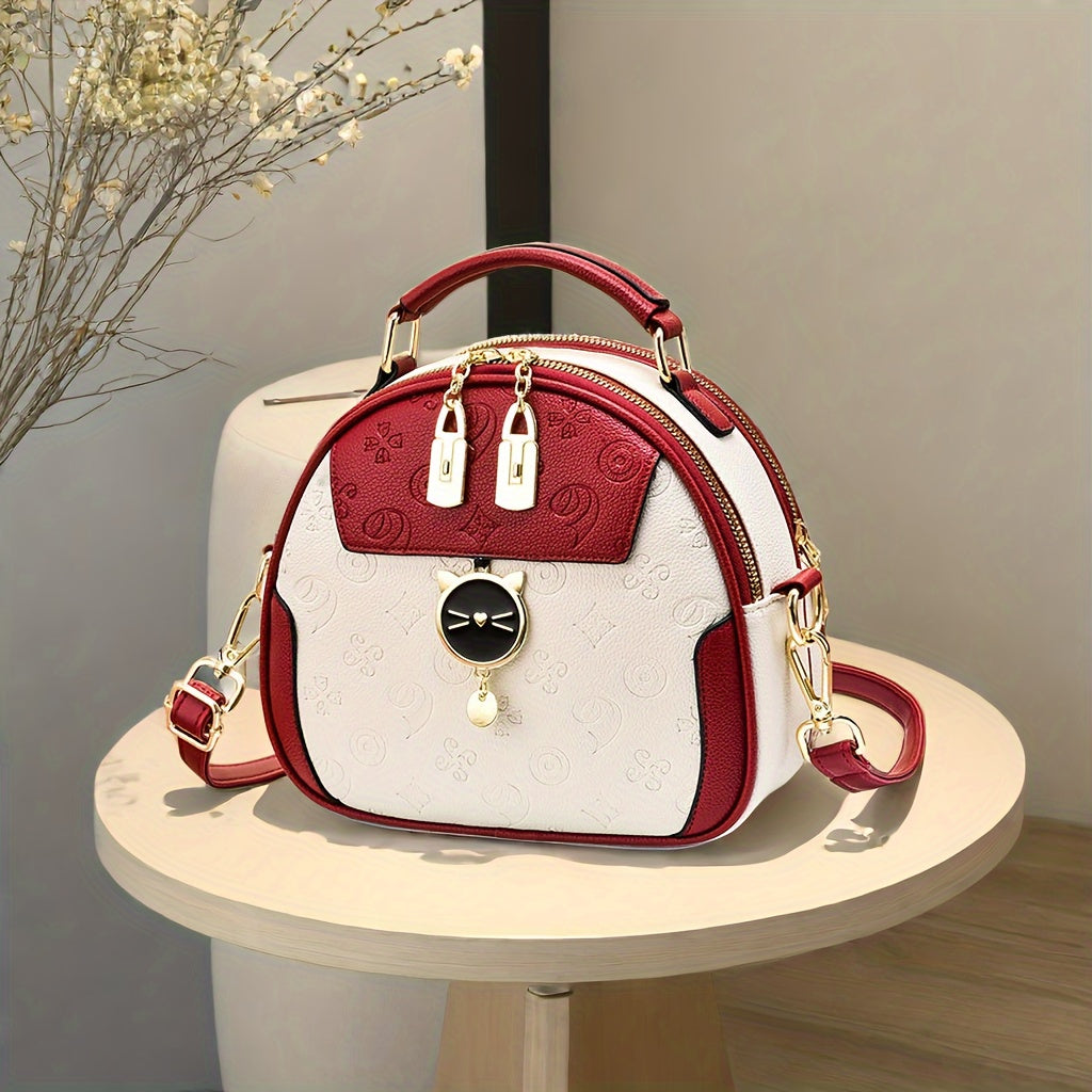 Stylish Women's Handbag - Two-Tone Red & White Design, Embossed Floral Pattern, Adjustable Crossbody Strap, Golden-Tone Hardware, Perfect for Casual Outings & Commuting, Ladies Handbags