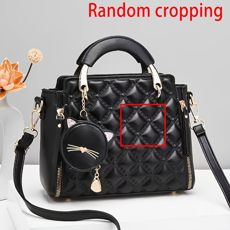 Women'S Fashion 2023 Embroidered Cat Design Messenger Bag, Removable Strap, Zipper Closure, Polyester Lined, Casual Shoulder Handbag with Edge Paint Detail
