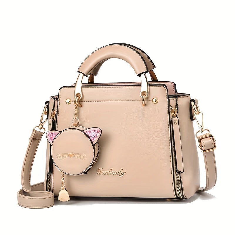 Women'S Fashion Cat Head Handbag, 2025 Trendy Shoulder Bag with Zipper Closure, Polyester Lined, Painted Edges, Versatile Solid Color - White, Red, Black, Pink, Khaki, Grey, Blue, Green, Purple, Light Blue
