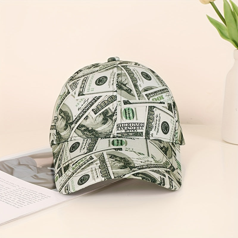 Funky Money Print Baseball Cap 100% Polyester Lightweight Adjustable Hip-Hop Hat Unisex for Music Festivals
