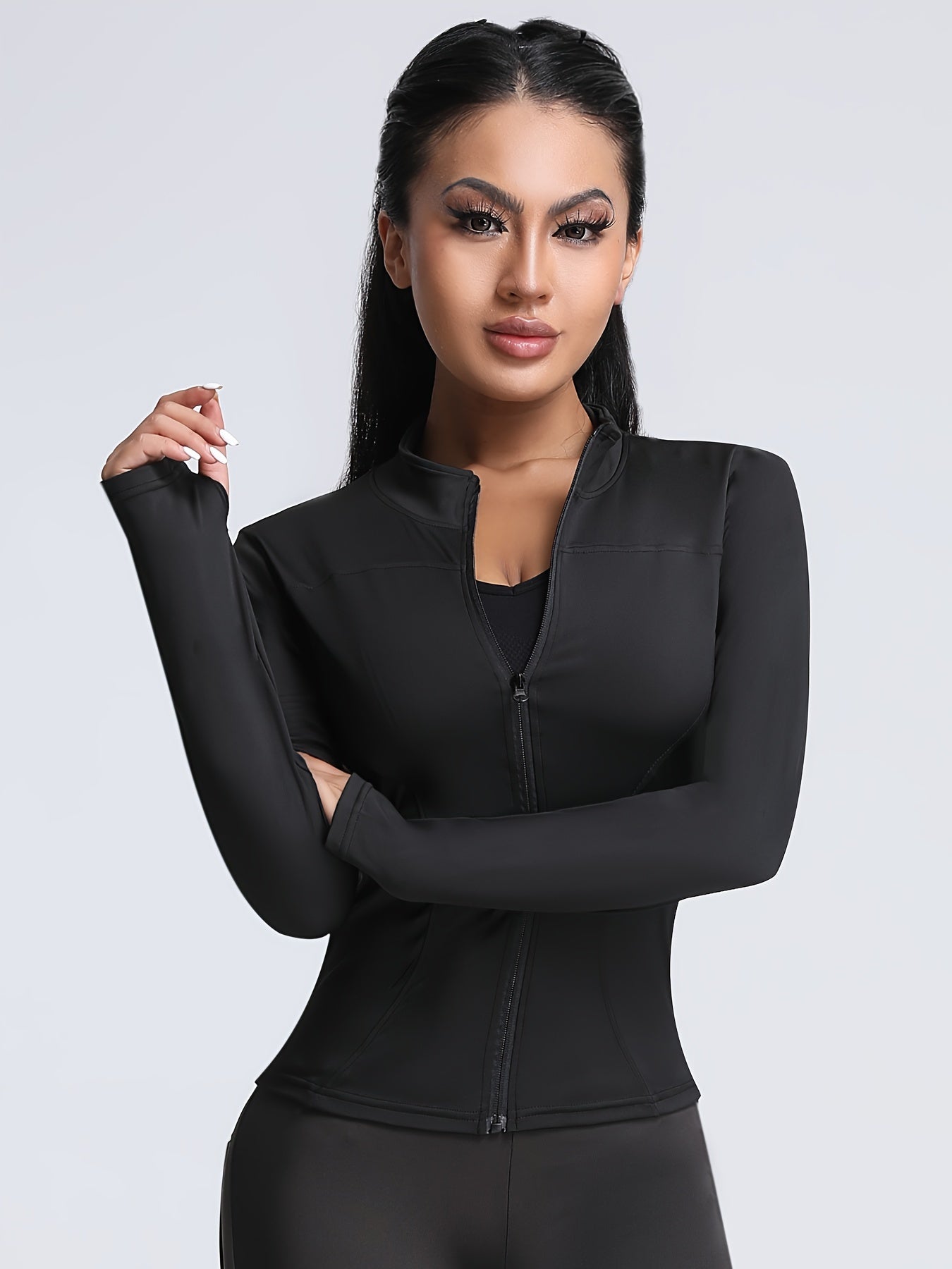 Women's Sleek Black Athletic Zip-Up Jacket - Comfortable Stretch Knit, Long Sleeve, Thumb Holes, Machine Washable - Perfect for Fitness & Casual Wear