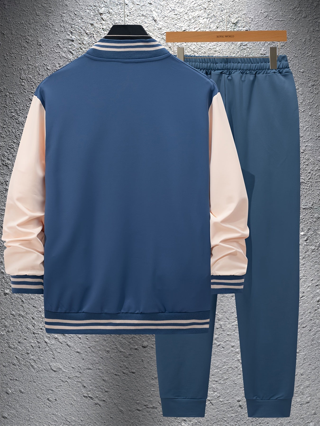 Men'S Casual Baseball Collar Jacket and Pants Set, Color Block Long Sleeve Sweatshirt and Sweatpants, Polyester Woven Suit with Button Detail, Spring/Fall Collection