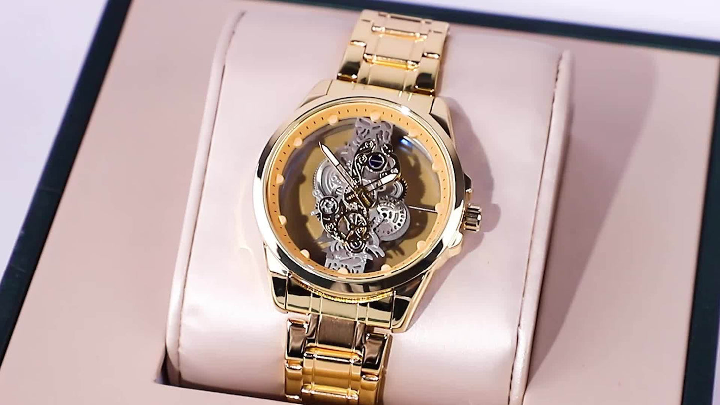 TPW Men's Rose Golden Skeleton Luminous Quartz Watch - Glamorous Luxury Wristwatch with Exposed Movement, Comfortable Metal Band, Father's Day Gift for Him, Luxury Men's Watch | Romantic Watch Design | Rose Golden Finish