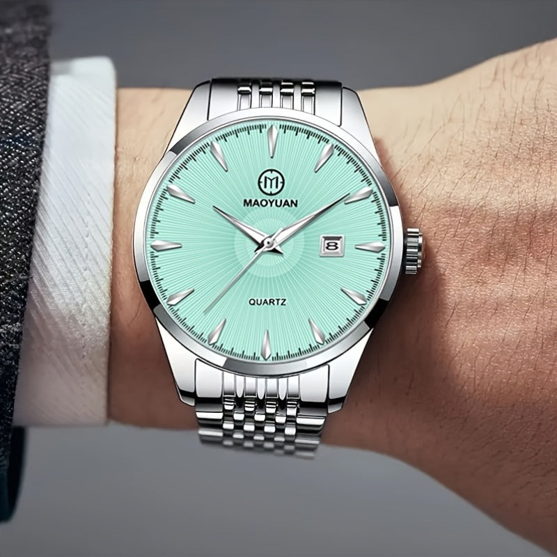 MAOYUAN Men'S Luxury Stainless Steel Quartz Watch with Date Display and Luminescent Hands - Elegant Green Dial, Metal Bracelet, Perfect for Business and Casual Attire, Ideal Gift for Men, Casual Watch | Elegant Watch | Quartz