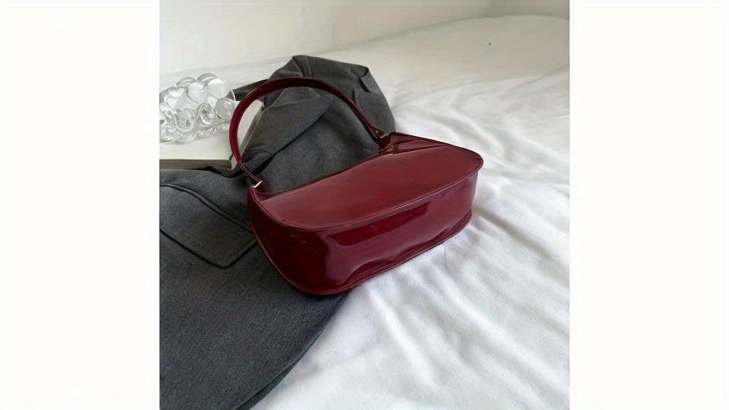 Trendy Glossy Shoulder Bag, Women Patent PU Leather Handbag, Simple Solid Color Underarm Purse