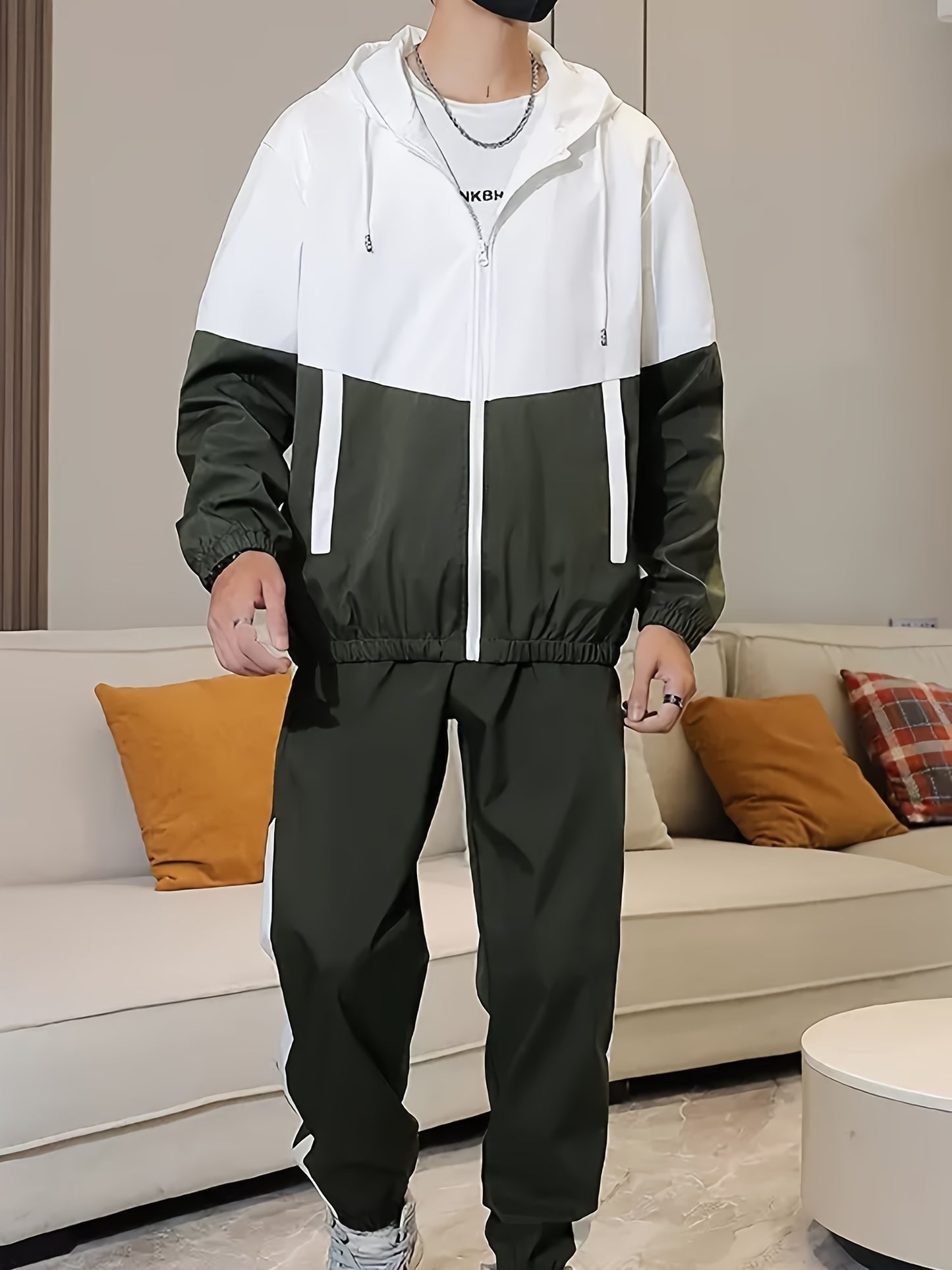 Men's Spring Autumn Outdoor Sports Training Casual Color Block Stitched Hoodie Adjustable Set Home Top and Pants Fashionable Windproof Jacket Pants Two-Piece Suit