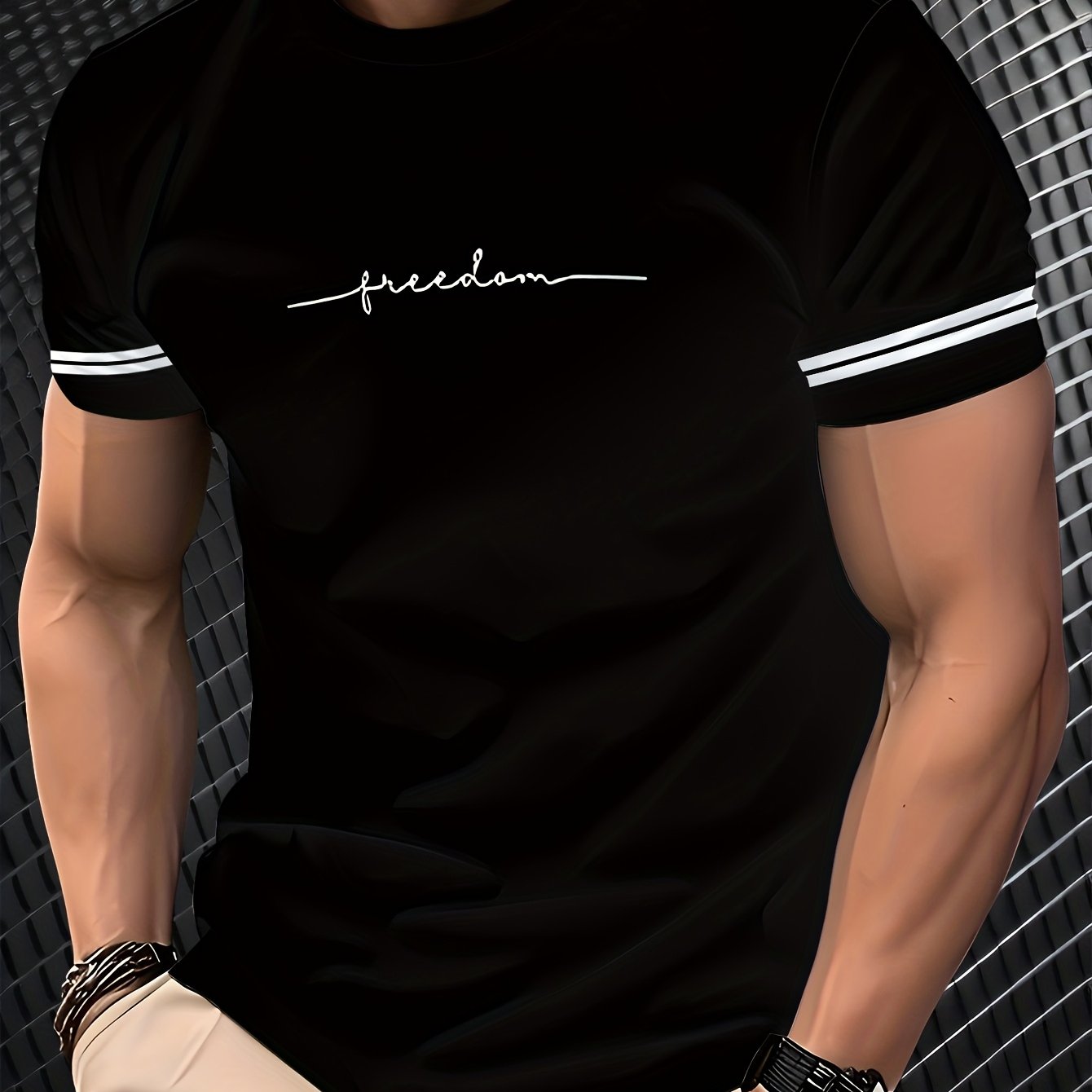 Men'S "Freedom" Graphic T-Shirt - Black Casual Crew Neck Tee with White Stripes, Breathable Polyester Blend, Regular Fit for Casual Attire, Everyday Tshirt | Bold Print Tee | Comfortable Fit, Knit