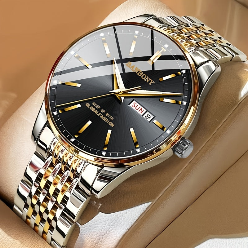 Banbony Men'S Stainless Steel Band Luminous Calendar Watch, IPX7 Waterproof, Quartz Movement, Round Zinc Alloy Case, Casual Fashion Style, with Pointer Display, Battery Powered, Non-rechargeable Button Battery, for B day