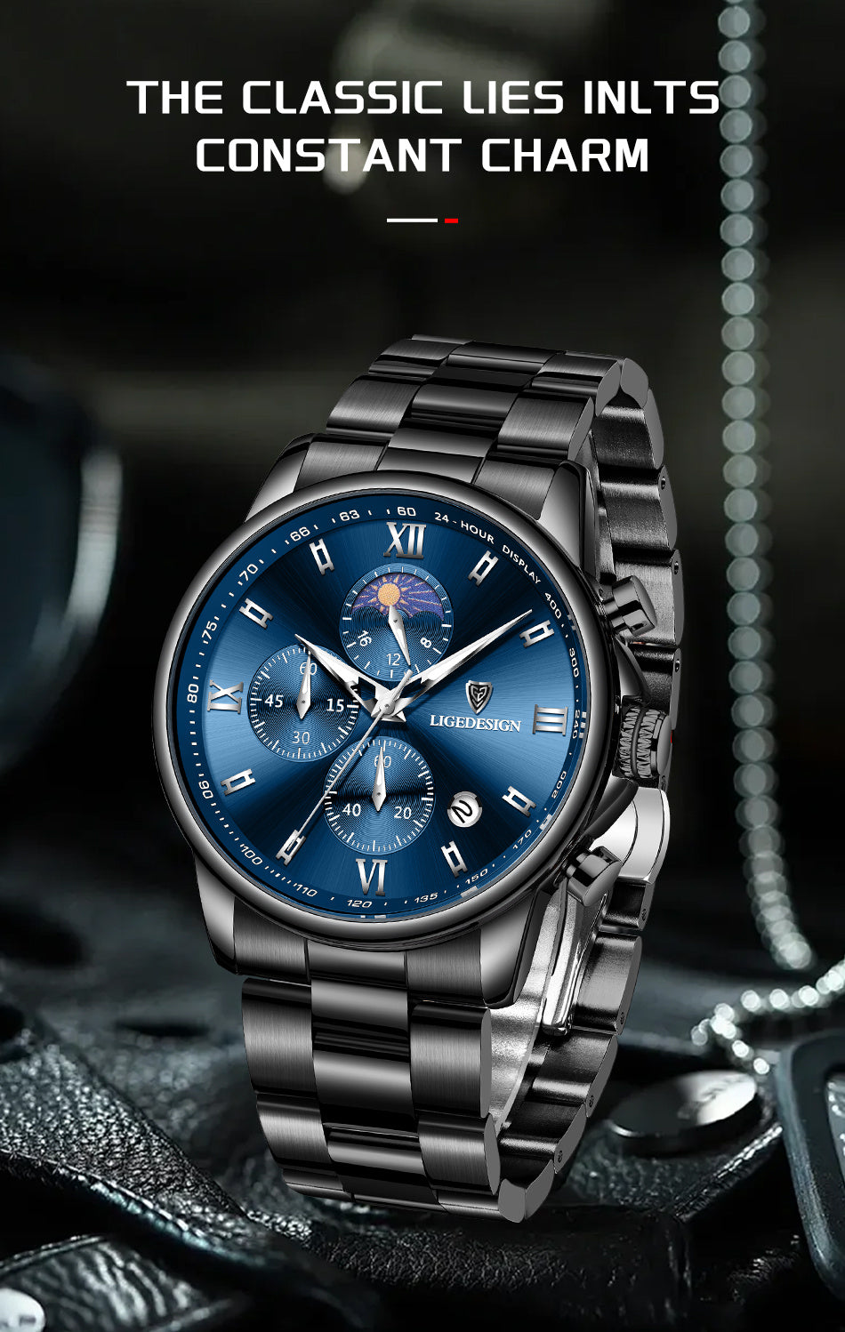 LIGE Black Blue Quartz Watch with Calendar, Exquisite & Simple Dial Stainless Steel Strap Multiple Colors High-quality Wrist Watch