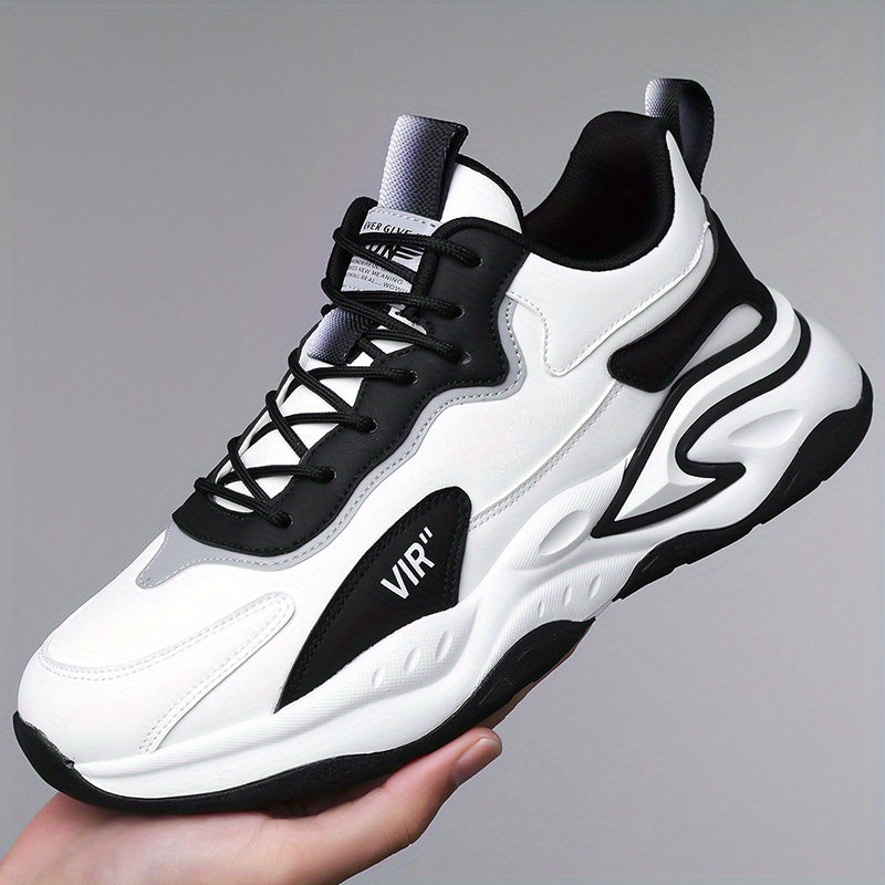 Men's Stylish Color-Block Sneakers - Black & Gray with White Accents, Comfortable All-Day Wear, Durable Rubber Sole, Lace-Up Design, Trendy Low-Top Style for Casual or Athletic Use, Casual Sneakers | Fashion Sneakers | Pu Mat