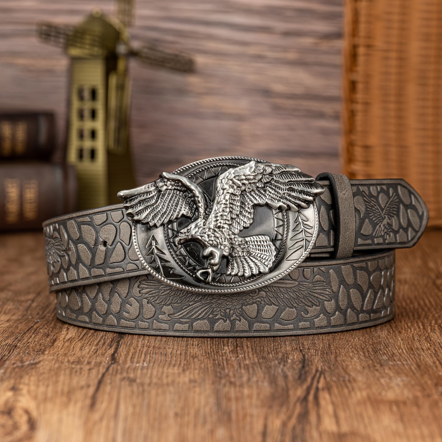 Oval Eagle Large Buckle Belt, Embossed PU Leather Belt, Men's Belt, Ideal choice for Gifts