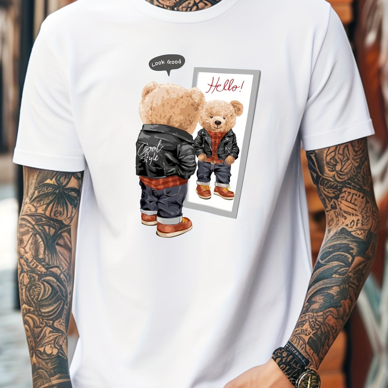 Men's Casual Short-Sleeve T-Shirt with Cool Bear Print - Breathable Polyester Blend, Stretch Fit, Machine Washable - Perfect for Summer, Men's Fashion, Sport