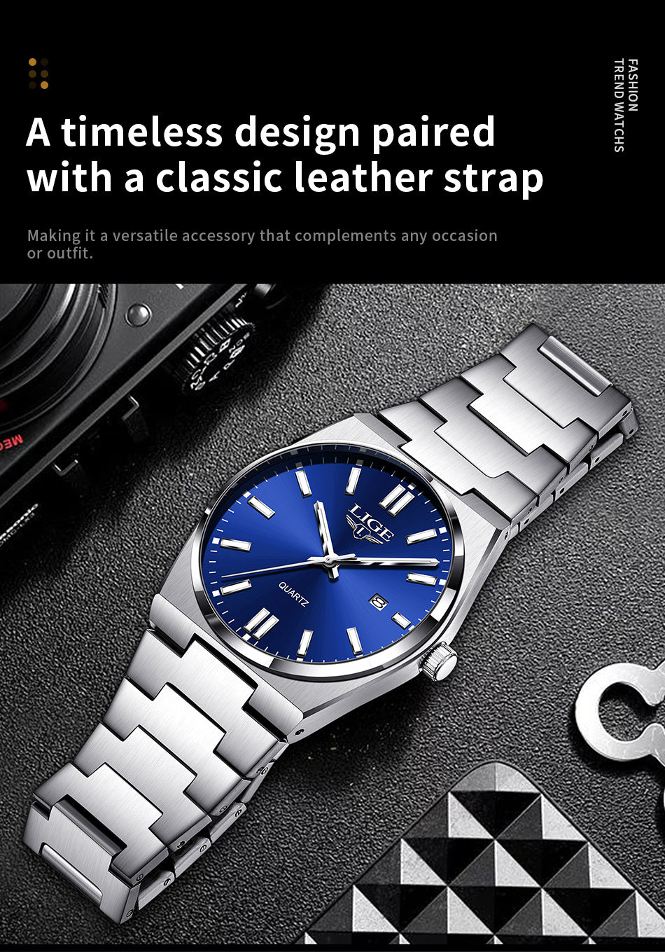 LIGE Stainless Steel Sports Watch for Men and Women - Dual Display Digital & Quartz Movement, Blue Dial, Rotating Bezel, Date Display, Metal Bracelet, Gift Box Included, Watch Accessories, LIGE