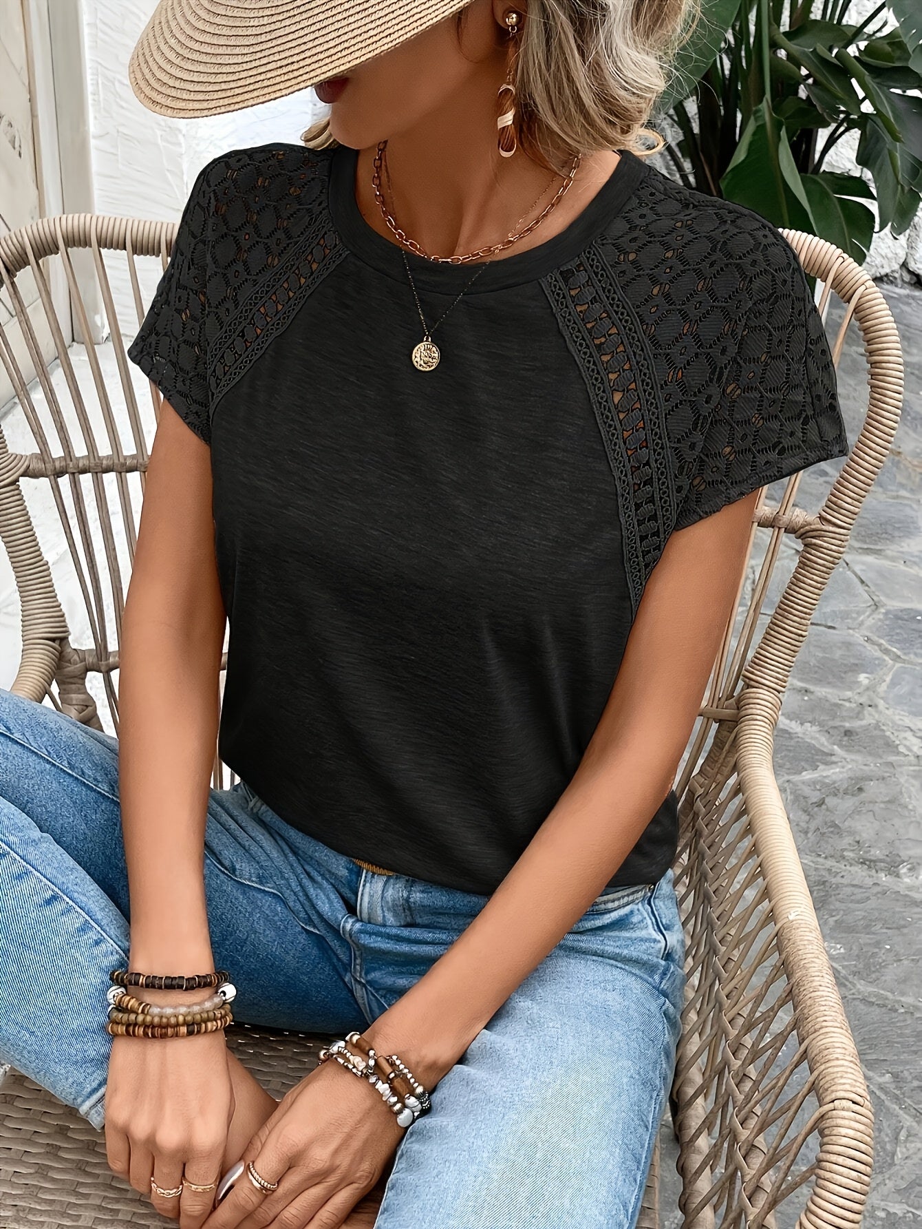 Women's Elegant Solid Color Lace Sleeve T-Shirt - Summer Casual Chic Blouse with Breathable Fabric, Machine Washable, Versatile for Casual & Formal Outfits, Cropped Tee Style | Soft Texture Top, Ladies T Shirts