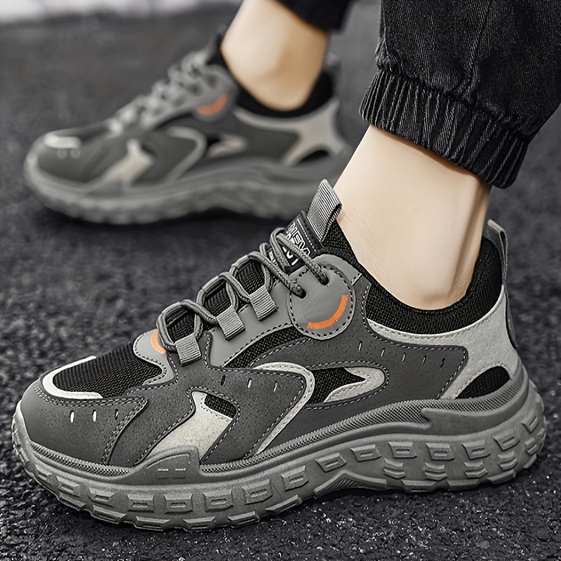 Men's Trendy Chunky Sneakers - Breathable Mesh & PU Upper, Durable PVC Sole, Lace-Up Casual Sneakers in Gray, Black & Orange, All-Season Comfort for Casual Attire