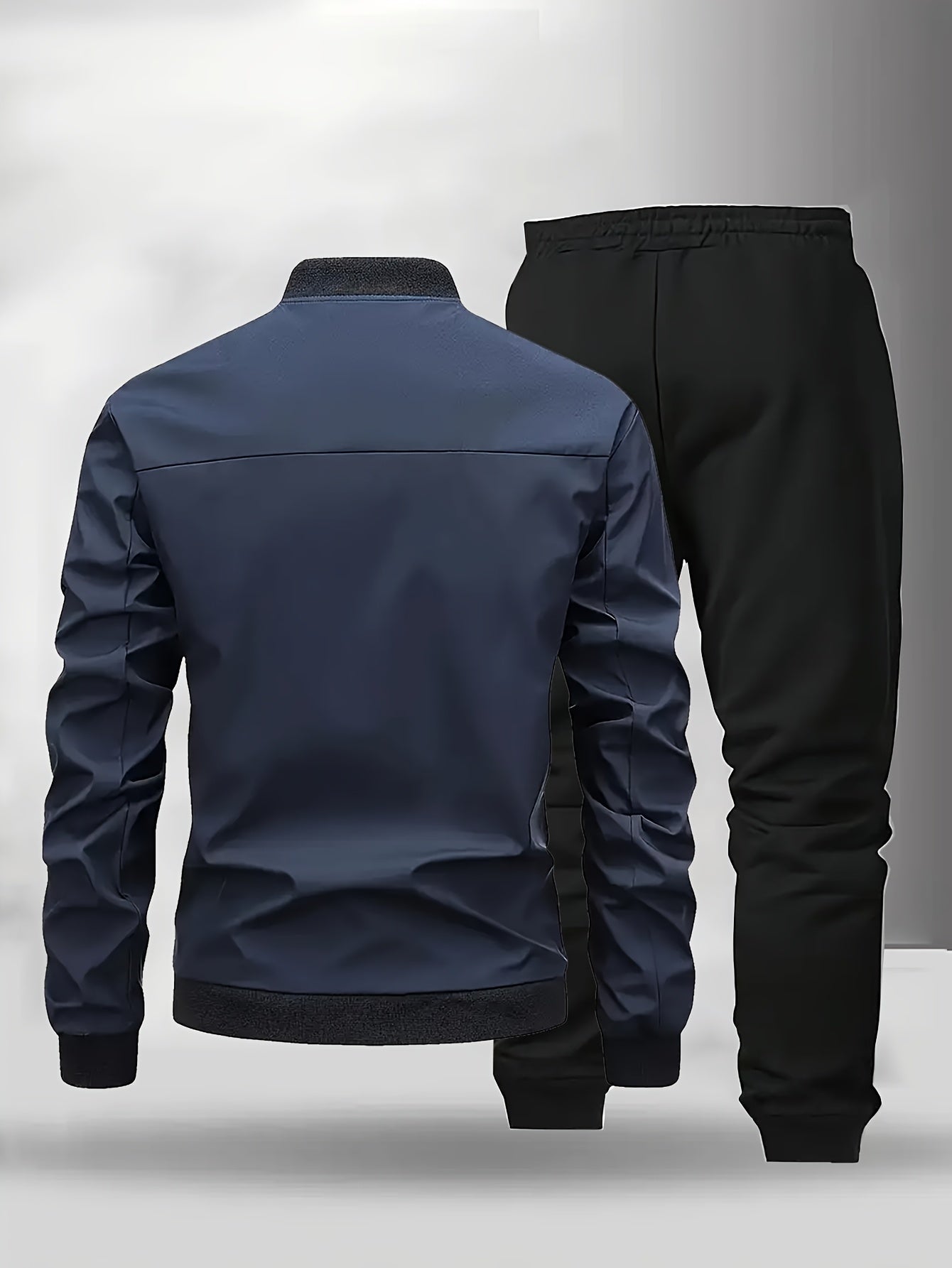 Men'S Casual Two-Piece Athletic Set - Black Baseball Collar Jacket with Zipper, Elastic Waistband Pants, Regular Fit for Spring/Fall, Spring Outerwear | Sporty Casualwear | Zippered Jacket