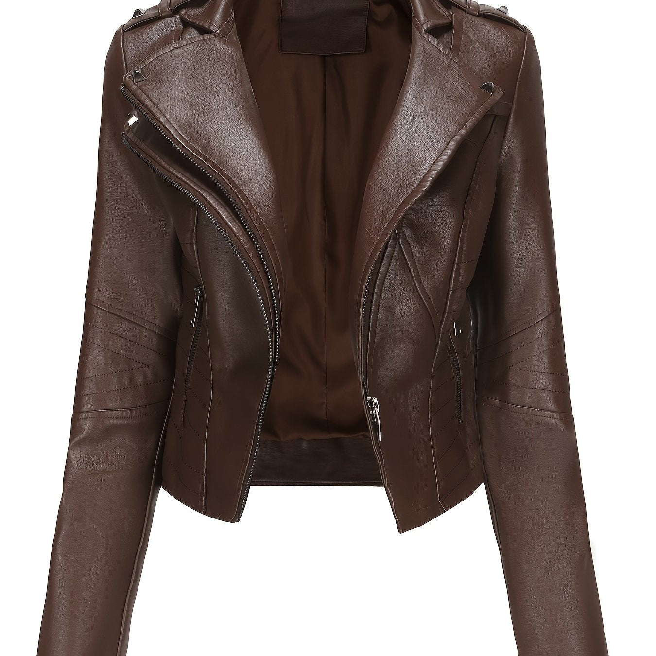 Women'S Casual Faux Leather Jacket, Solid Color, Long Sleeve, Regular Length, Fall/Winter, Zipper Placket, Woven, Non-Stretch Fabric, 100% Polyurethane, Lapel Collar, Dipped Hem Detail